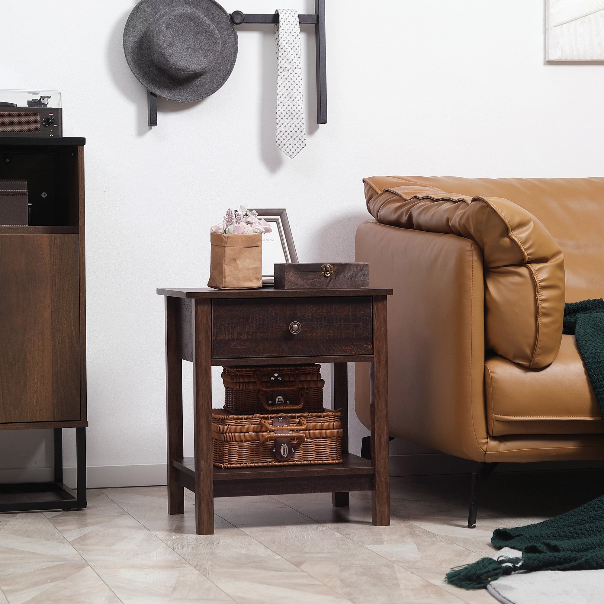 End Table with Drawer, Side Table with Top and Bottom Shelf for Small Spaces, Set of 2, Dark Brown
