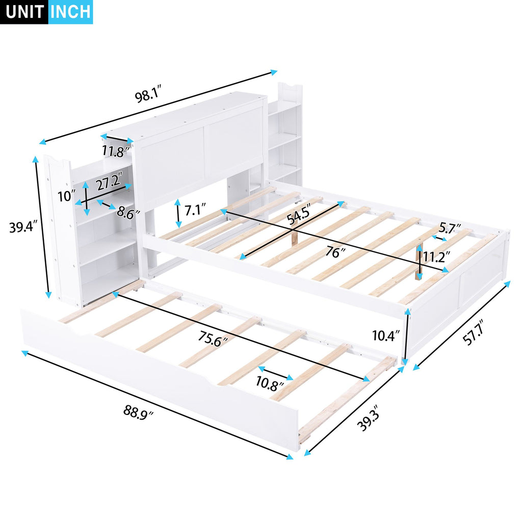 Full Size Storage Platform Bed with Pull Out Shelves, Twin Size Trundle, Solid Wood and MDF, 98" L x 89" W x 39.5" H, White
