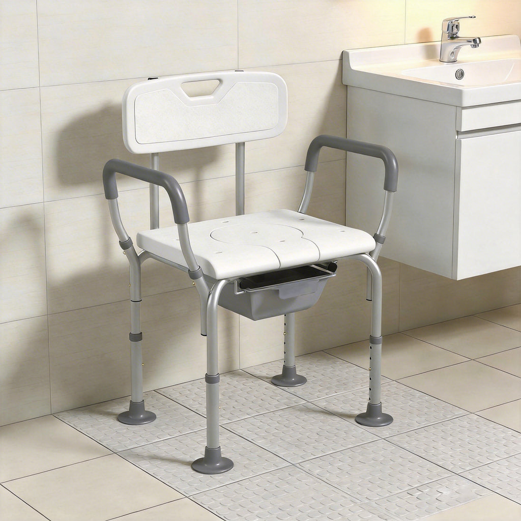 3-in-1 Shower Chair with Back and Arms, Height Adjustable Bedside Commode, Raised Toilet Seat with Non-Slip Rubber Foot Pad for Seniors, Disabled, White