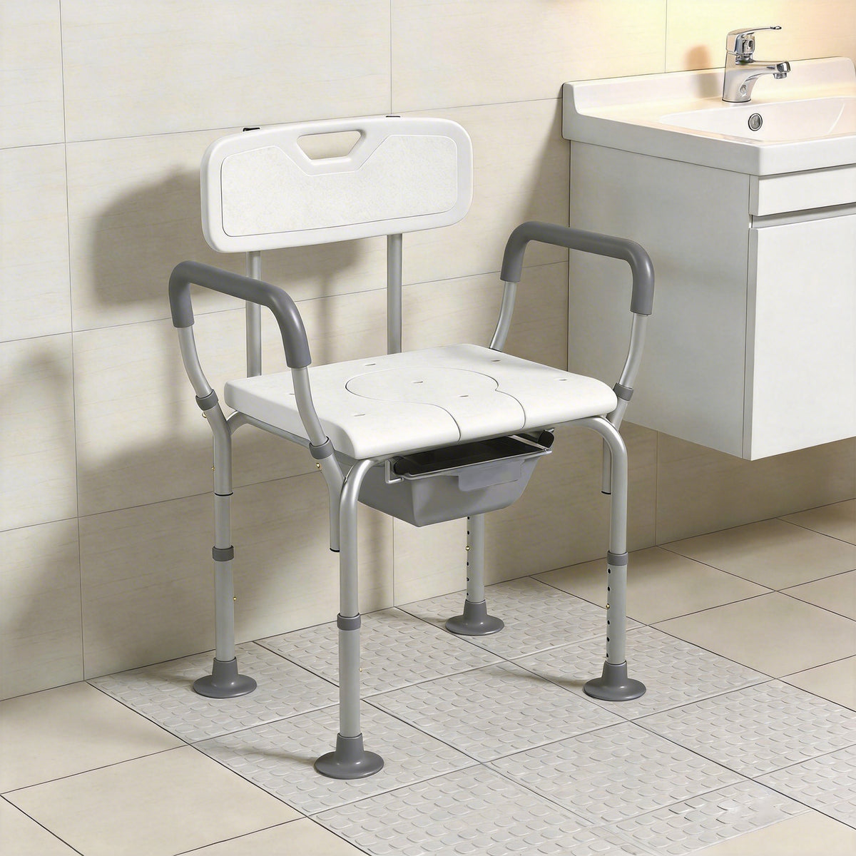 3-in-1 Shower Chair with Back and Arms, Height Adjustable Bedside Commode, Raised Toilet Seat with Non-Slip Rubber Foot Pad for Seniors, Disabled, White