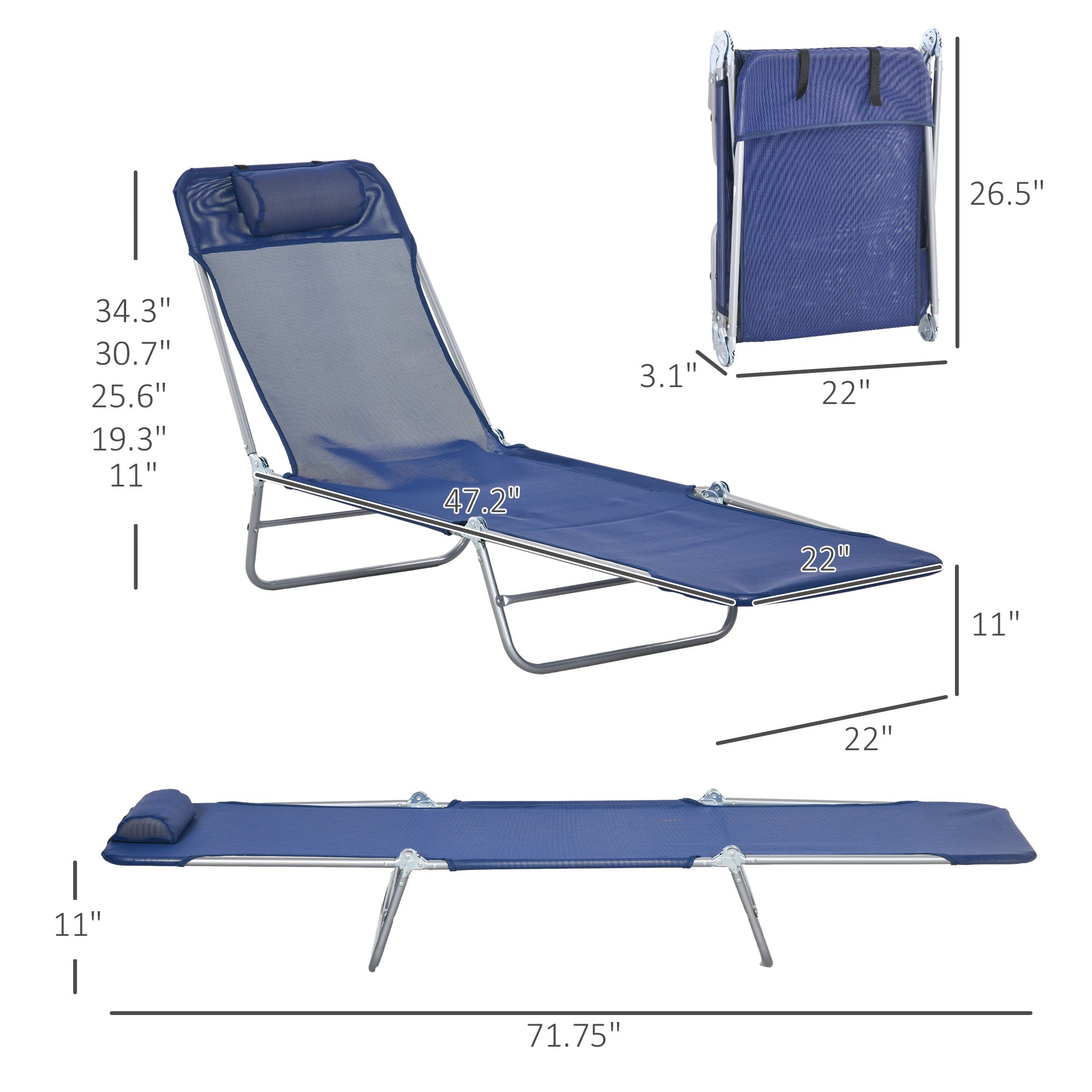 2 Piece Sun Loungers, Folding Chaise Lounge Chairs with Reclining Back, Breathable Mesh Seat, Headrest, Dark Blue