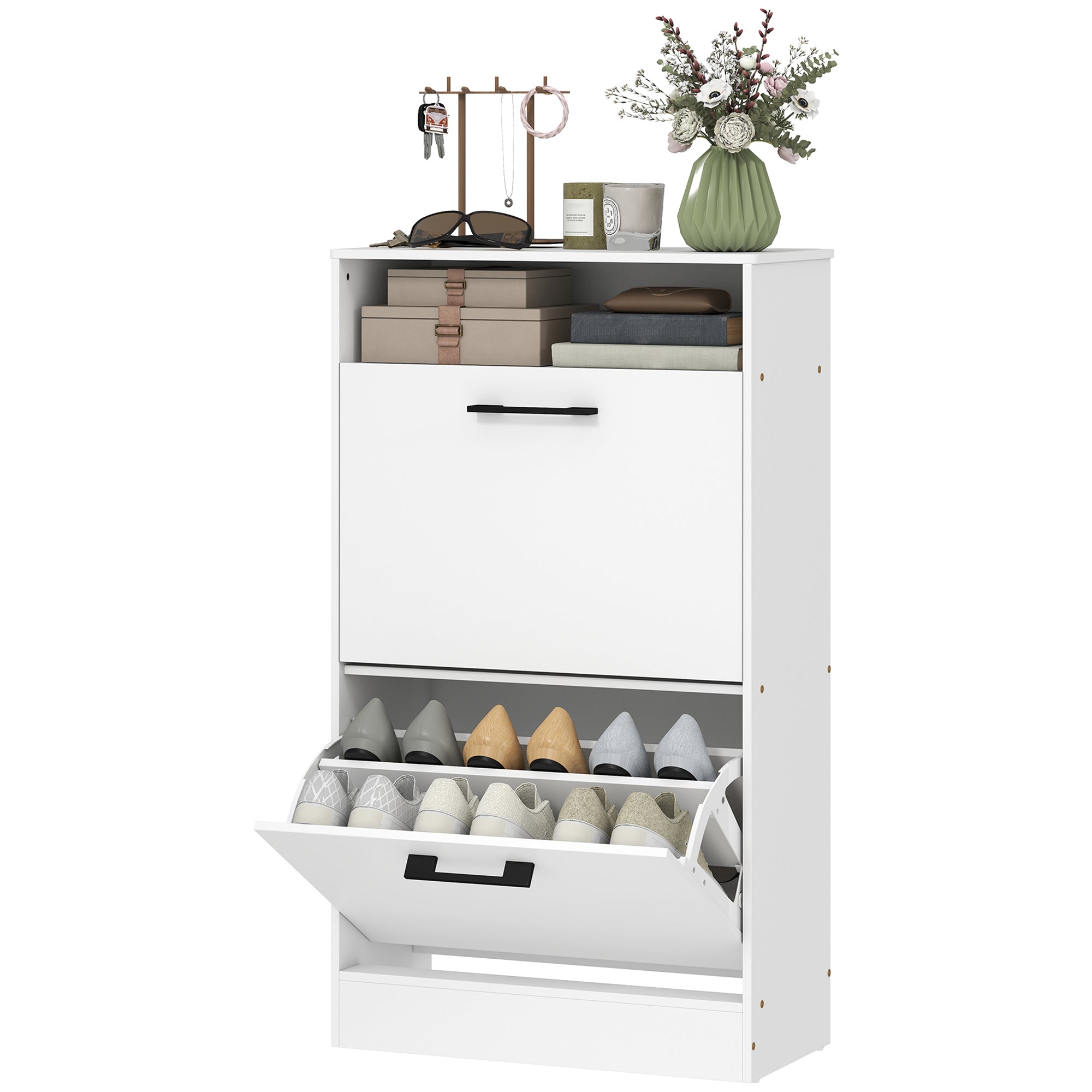 Shoe Cabinet 2 Flip Drawers Adjustable Dividers Shoe Storage Cabinet Top Shelf Entryway White