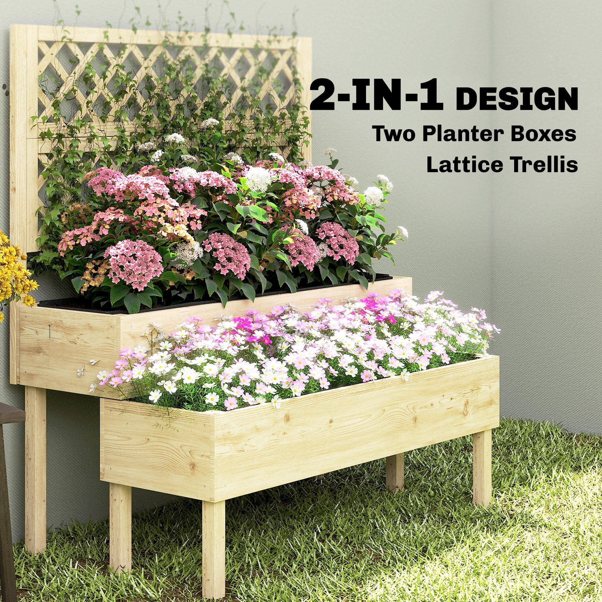 2-Tier Raised Garden Bed with Trellis, Elevated Planter Box for Climbing Plants, Natural