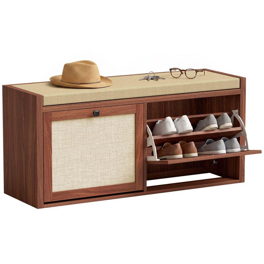 Shoe Storage Bench with Padded Seat, Shoe Storage Bench 2 Rattan Doors for Entryway, Brown