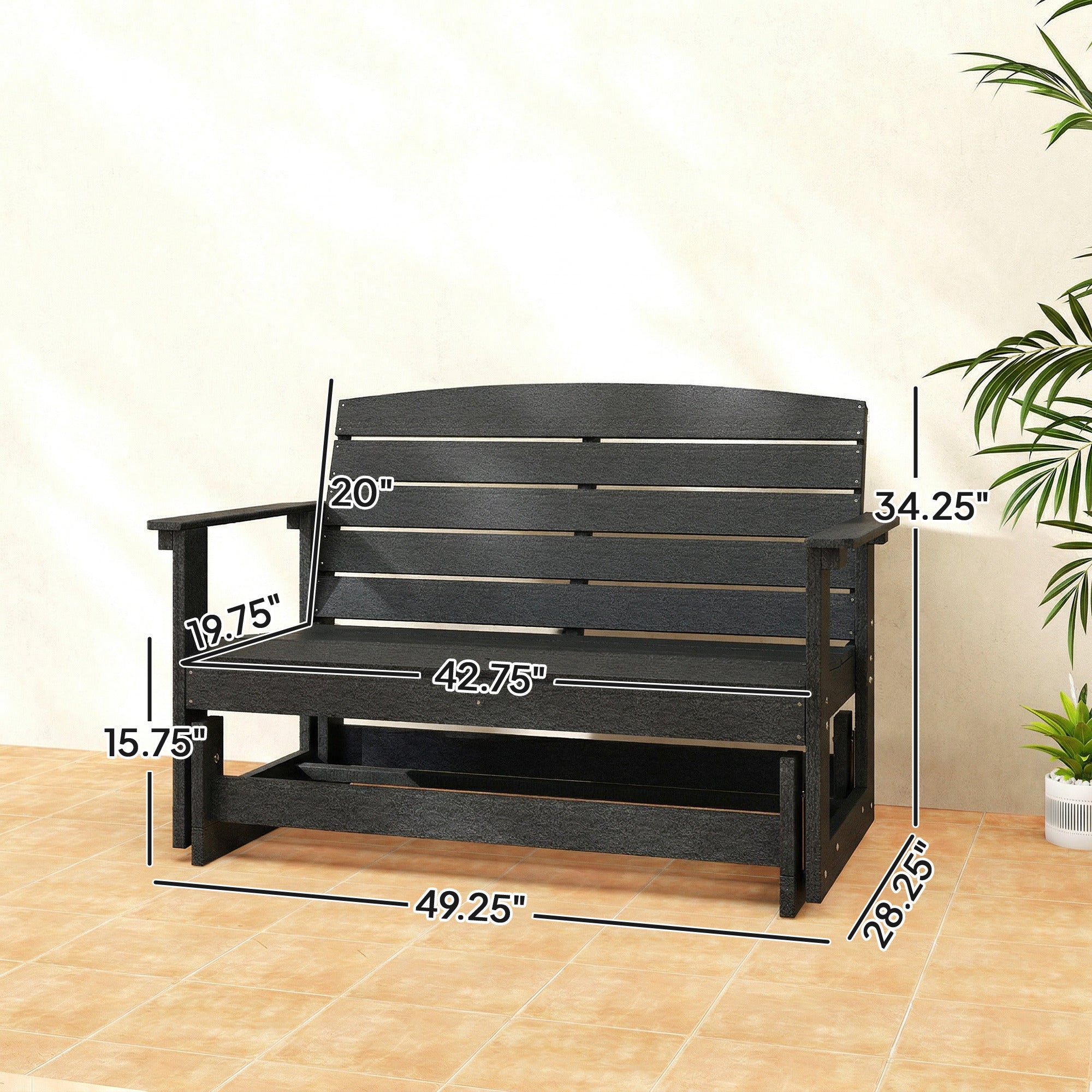 Patio Glider Bench w/ HDPE Slatted Double Rocking Chair, Black