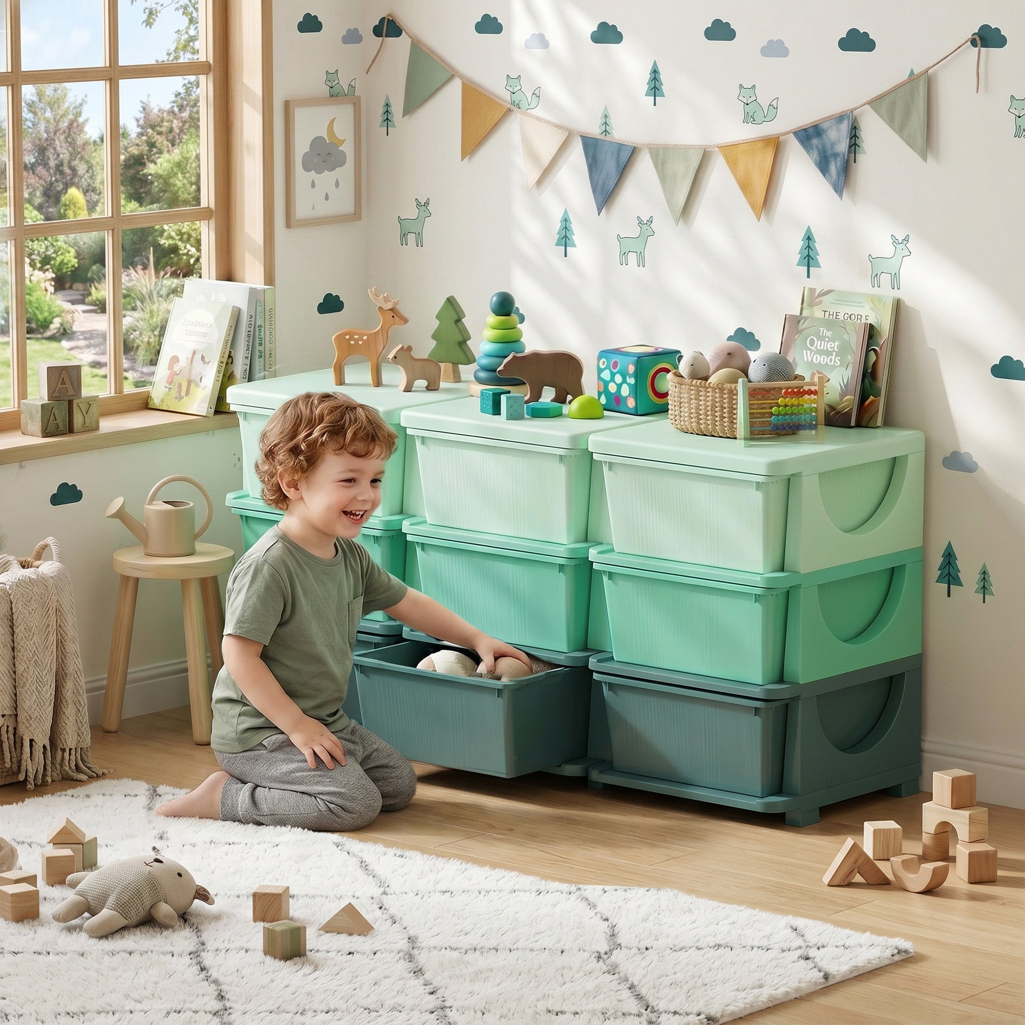3 Tier Kids Storage Organizer with 9 Drawers for Bedroom, Nursery, Kindergarten, Living Room, Boys and Girls, Green