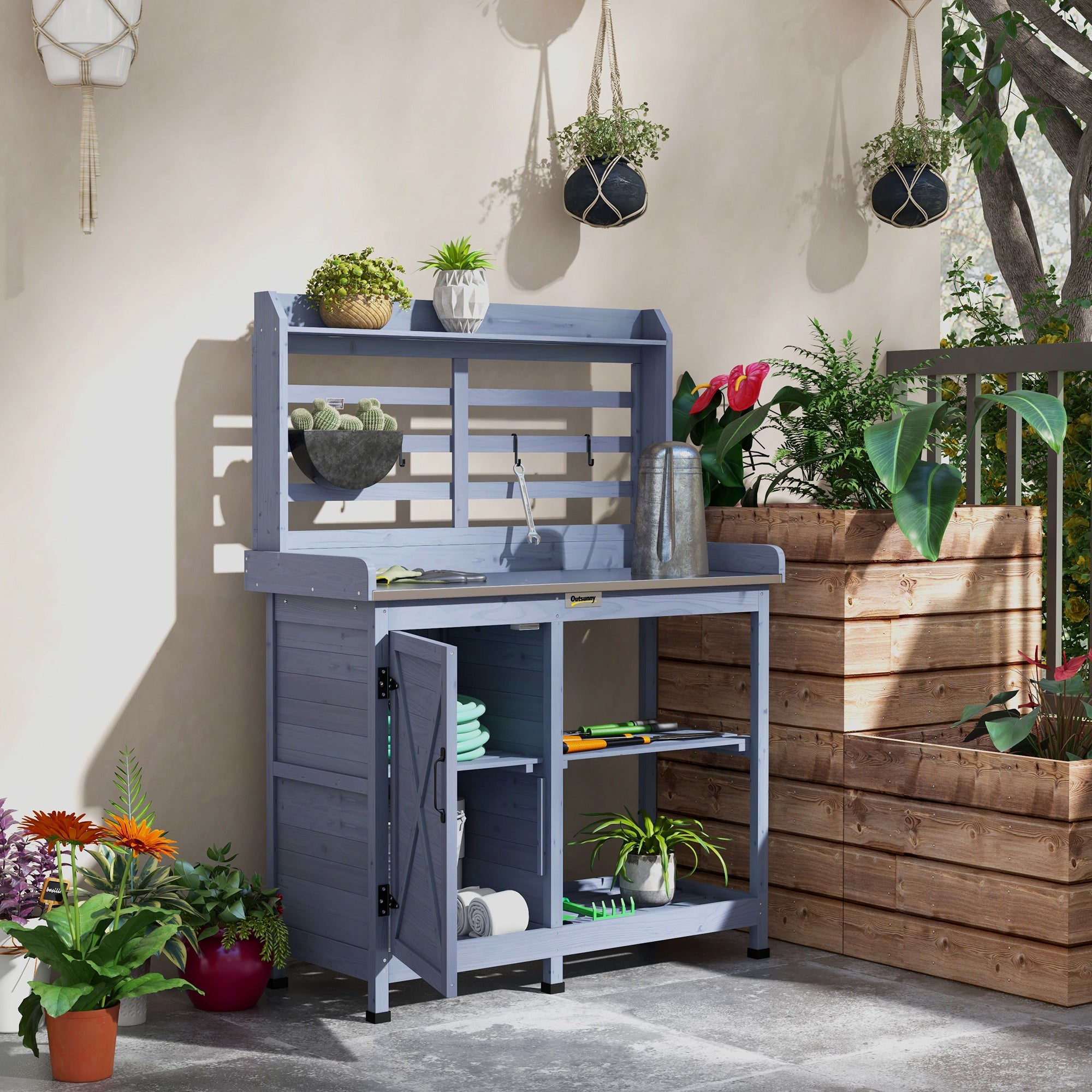 Wooden Potting Bench with Storage, Aluminum Tabletop for Backyard, Patio, Balcony, Gray