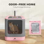 Cat Litter Box with Lid, Enclosed Litter Box for Medium Cats, Front-Entry and Top-Exit, Scoop, Deodorizer Bag, Pink