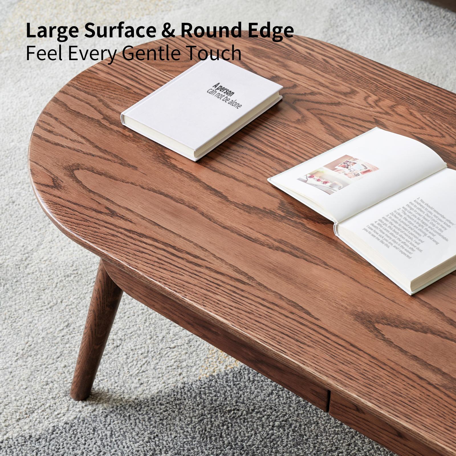 Solid Coffee Table with Modern Oval Top and Rounded Corners, Sturdy Center Table with 2 Storage Drawers, 47″ L x 22″ W x 16.5″ H, Walnut