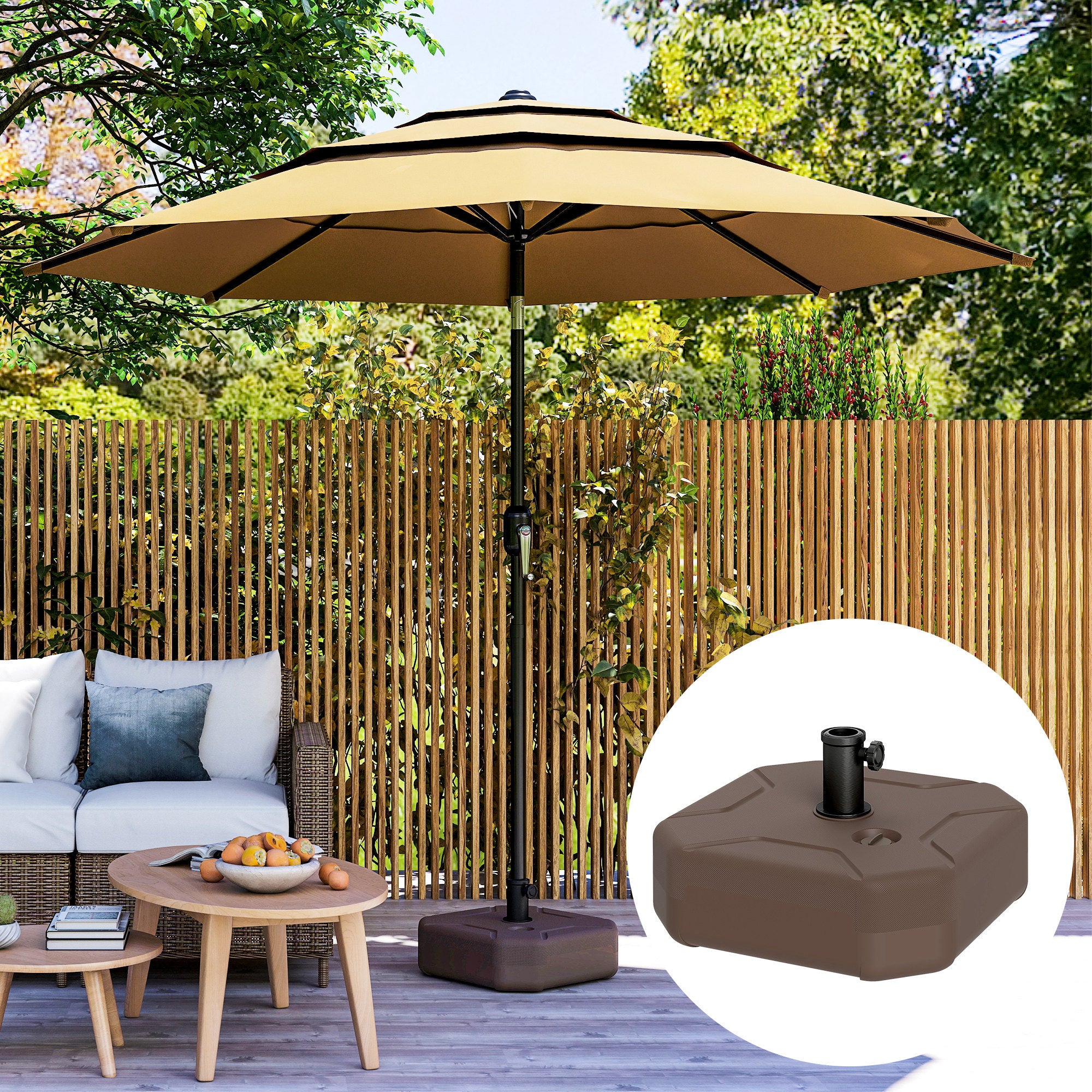 Square Patio Umbrella Base Holder, Heavy Duty Outdoor Umbrella Stand Base, Filled Up to 55lbs with Sand or 44lbs with Water for Garden, Poolside, Brown