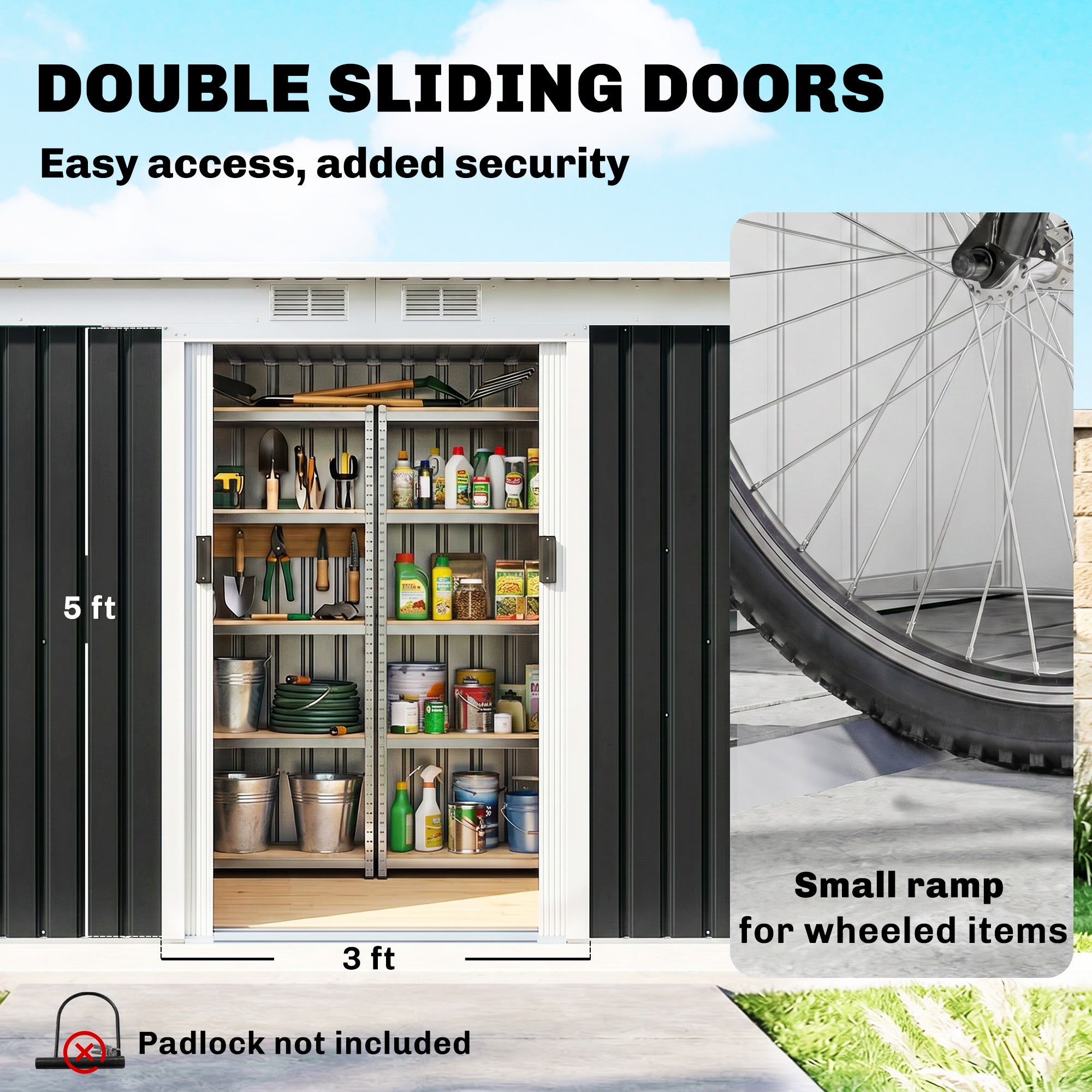 9' x 4' Metal Outdoor Storage Shed, Tool House with Double Lockable Doors for Backyard, Patio, Lawn, Garage, Dark Gray