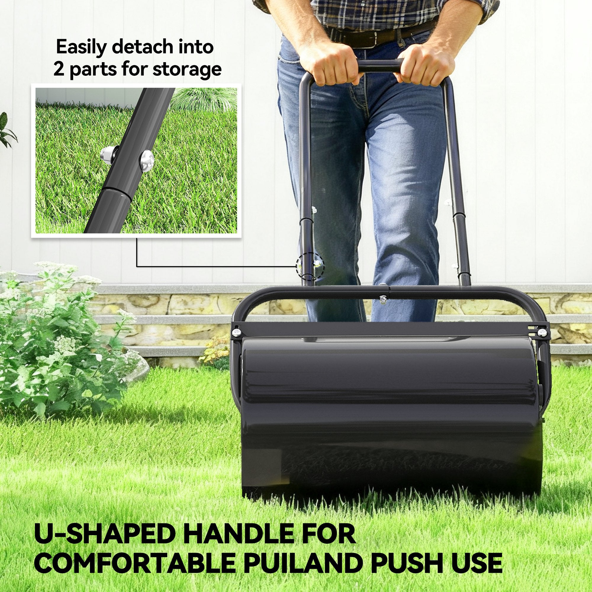 20-Inch Push/Tow Behind Lawn Roller Filled with 10 Gal Water or Sand for Flattening Sod in the Garden, Black