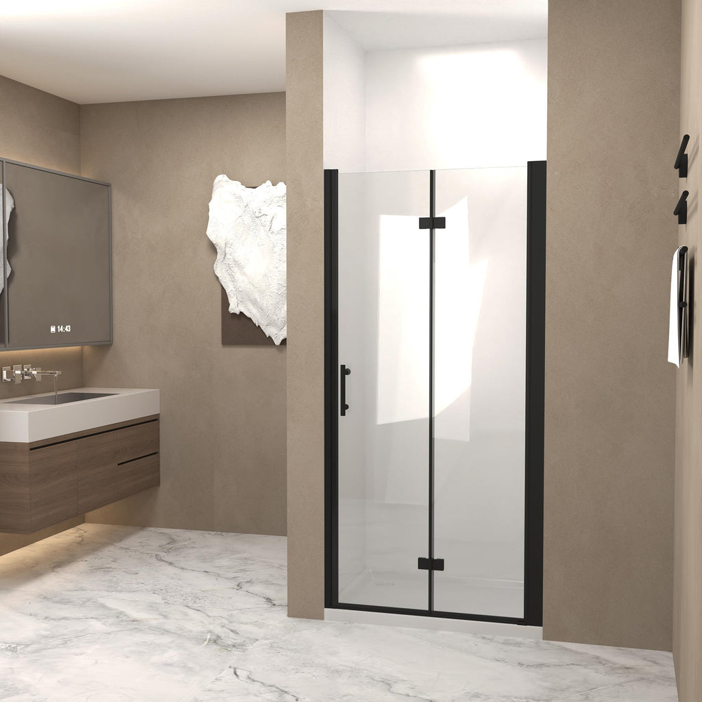 36" Bifold Shower Door with Stainless Steel Handle and Raised Water-Blocking Strips, Space-Saving Panel for Bathroom, 36" L x 0.5" W x 72" H, Matte Black