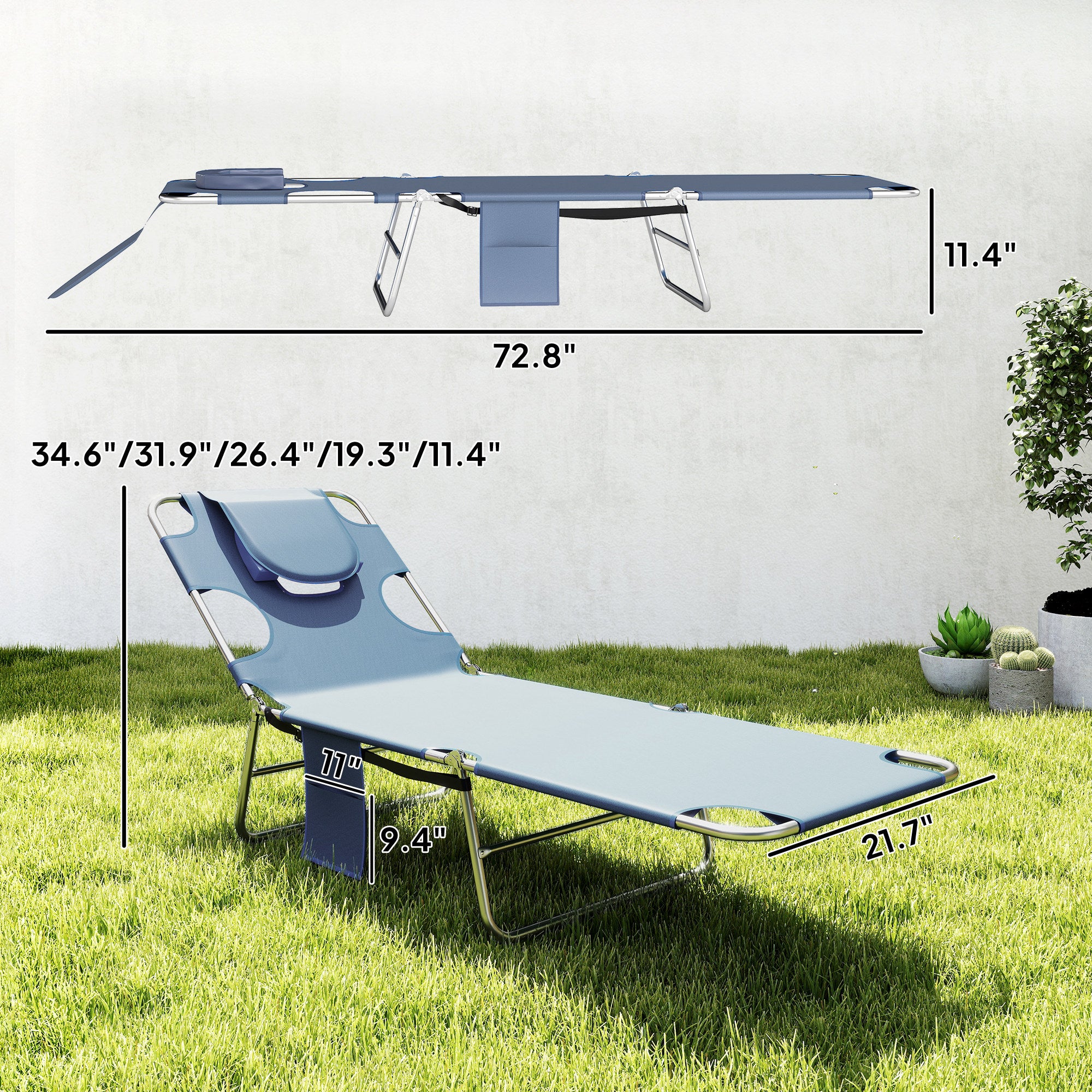 Tanning Chair with Face Hole, 5-Level Adjustable Outdoor Chaise Lounge Chair with Pillow for Beach, Pool, Gray