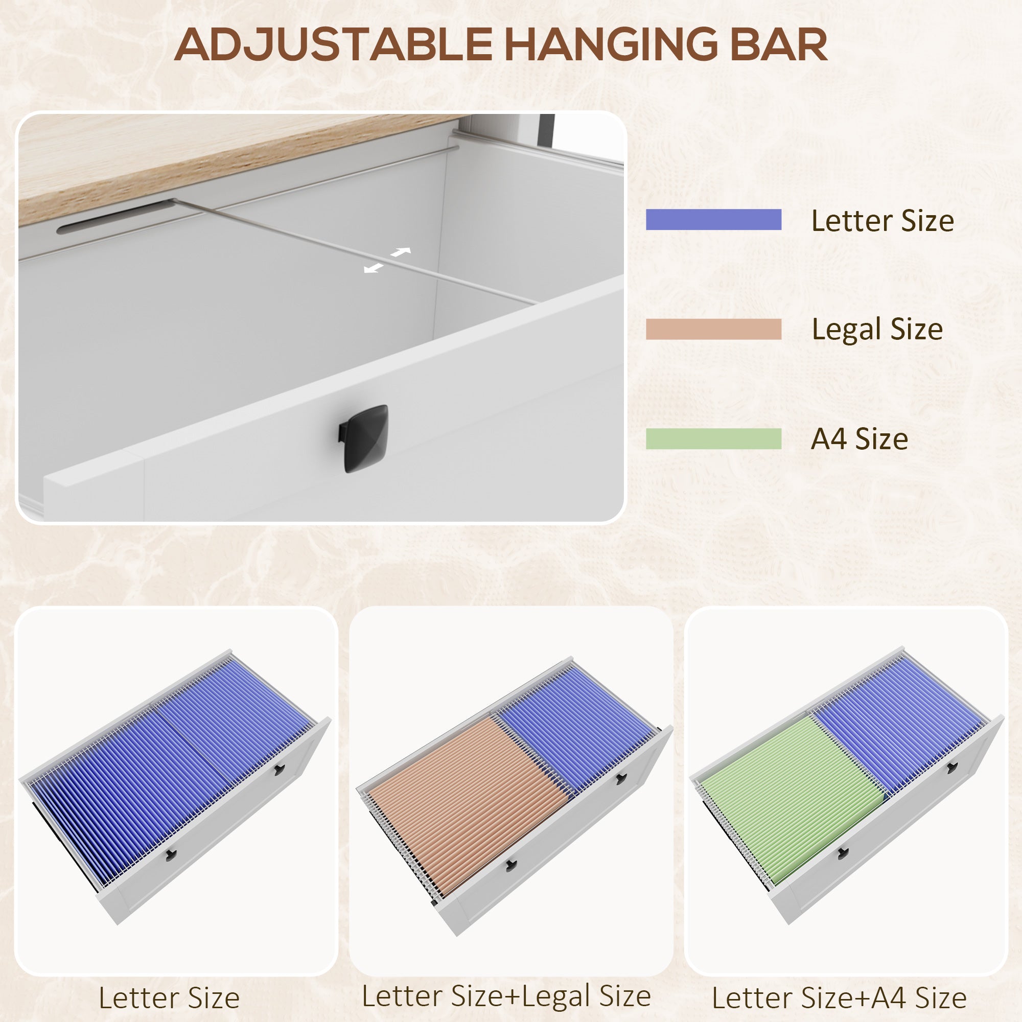 Lateral File Cabinet, 2 Drawer Filing Cabinet with Adjustable Hanging Bar for Letter, A4 and Legal Size, White