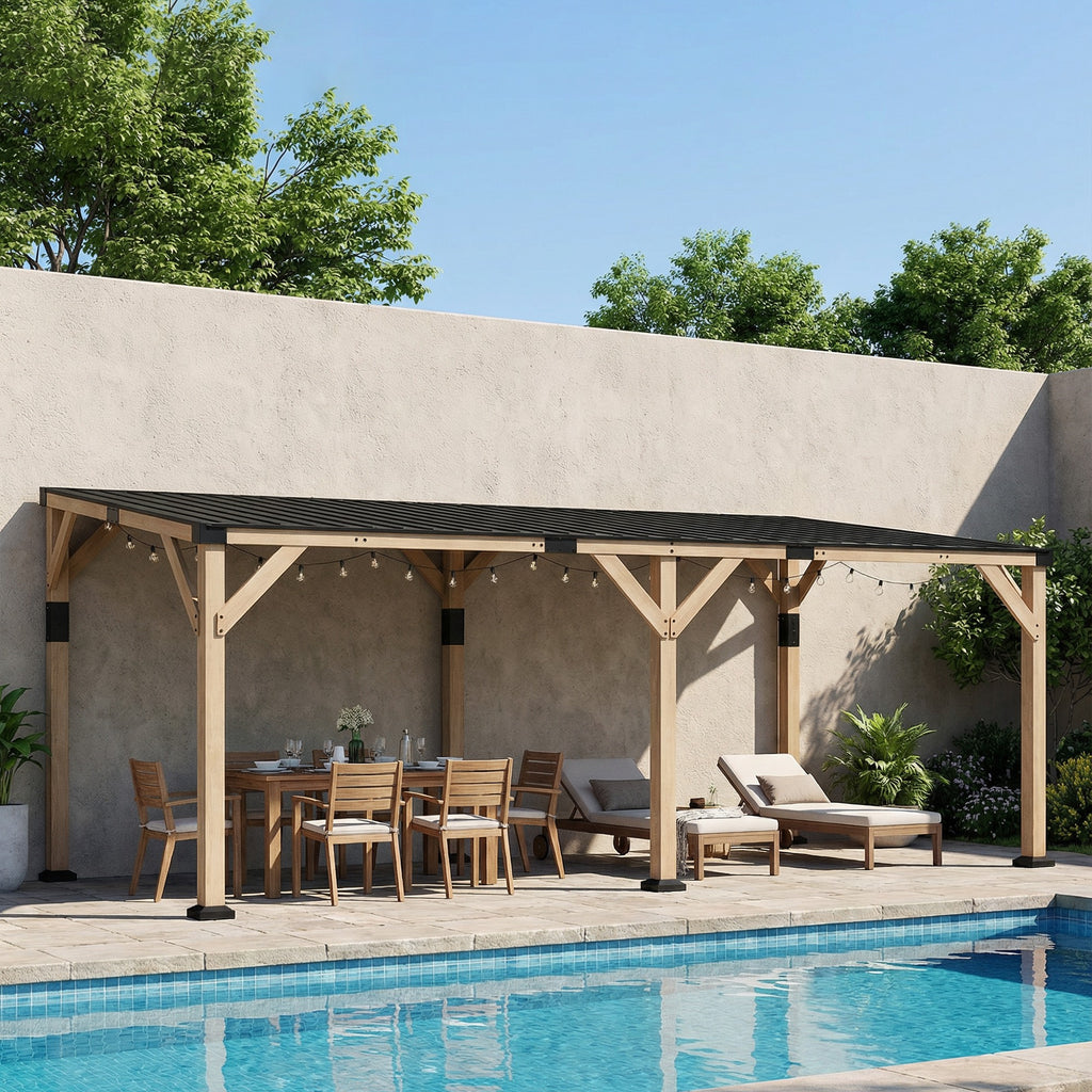 10' x 20' Wooden Gazebo, Hardtop Lean-to Gazebo Pergola with Galvanized Steel Sloped Roof, Light Walnut