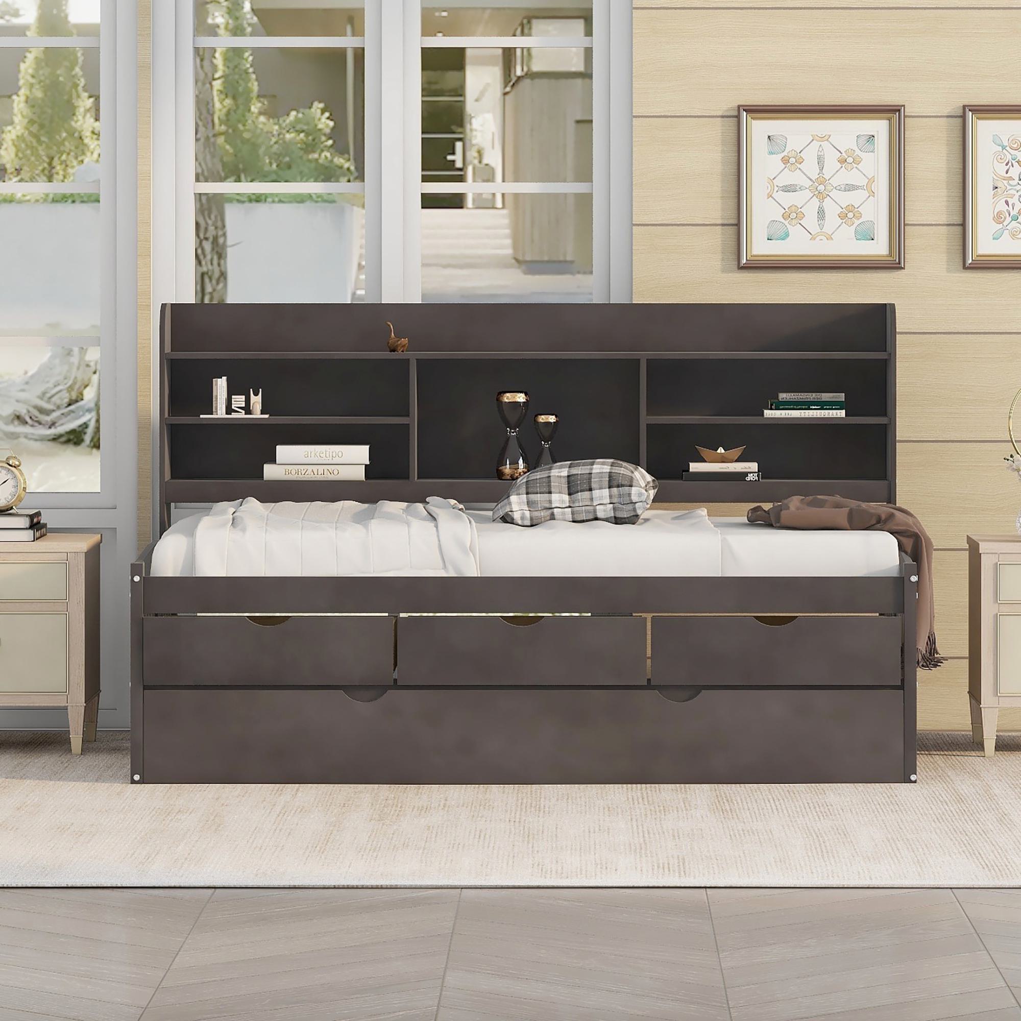 Classic Style Twin Size Wooden Captain Bed with Built-in Bookshelves, 3 Storage Drawers, and Trundle, 77.5" L x 88" W x 47" H, Antique Gray
