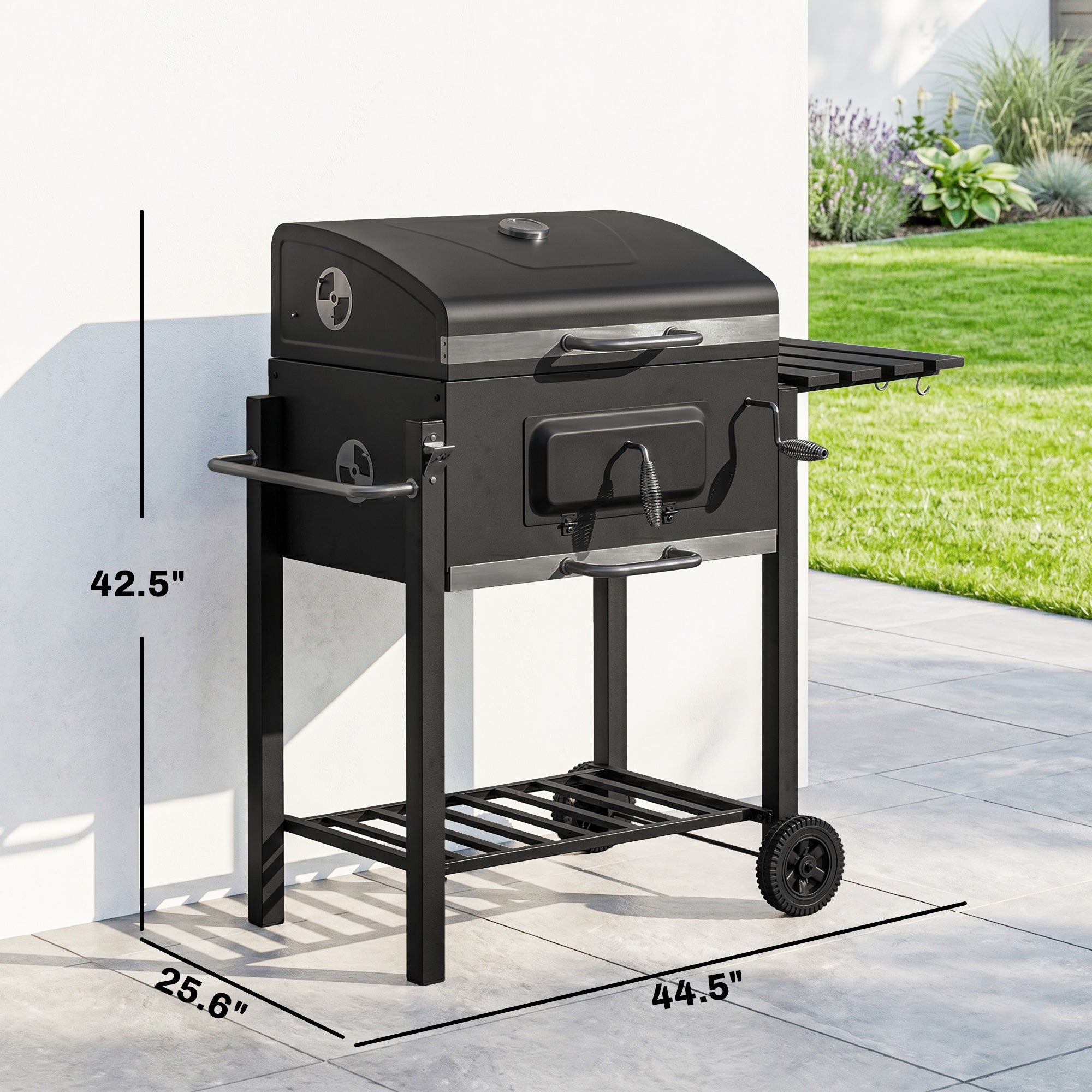 Charcoal BBQ Grill and Smoker Combo Outdoor Portable Trolley Camping Picnic Backyard with Side Shelf, Black