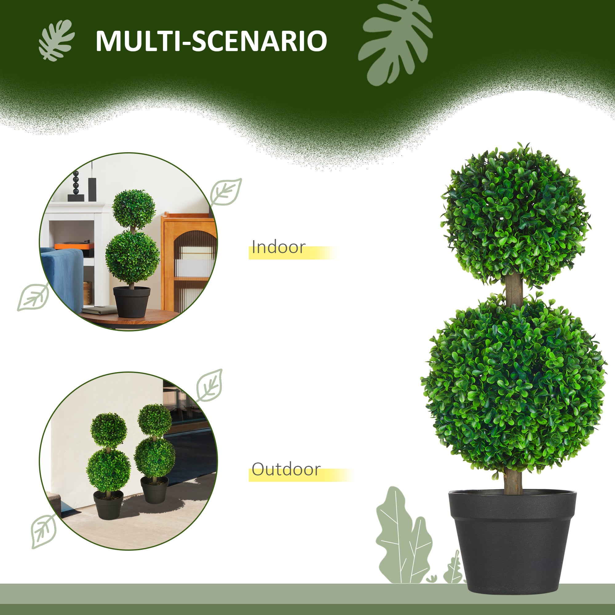 2 Pcs 23.6" Artificial Boxwood Ball Topiary Tree Set of 2 Fake Plants in Pot with Double Ball-Shaped Leaves Green