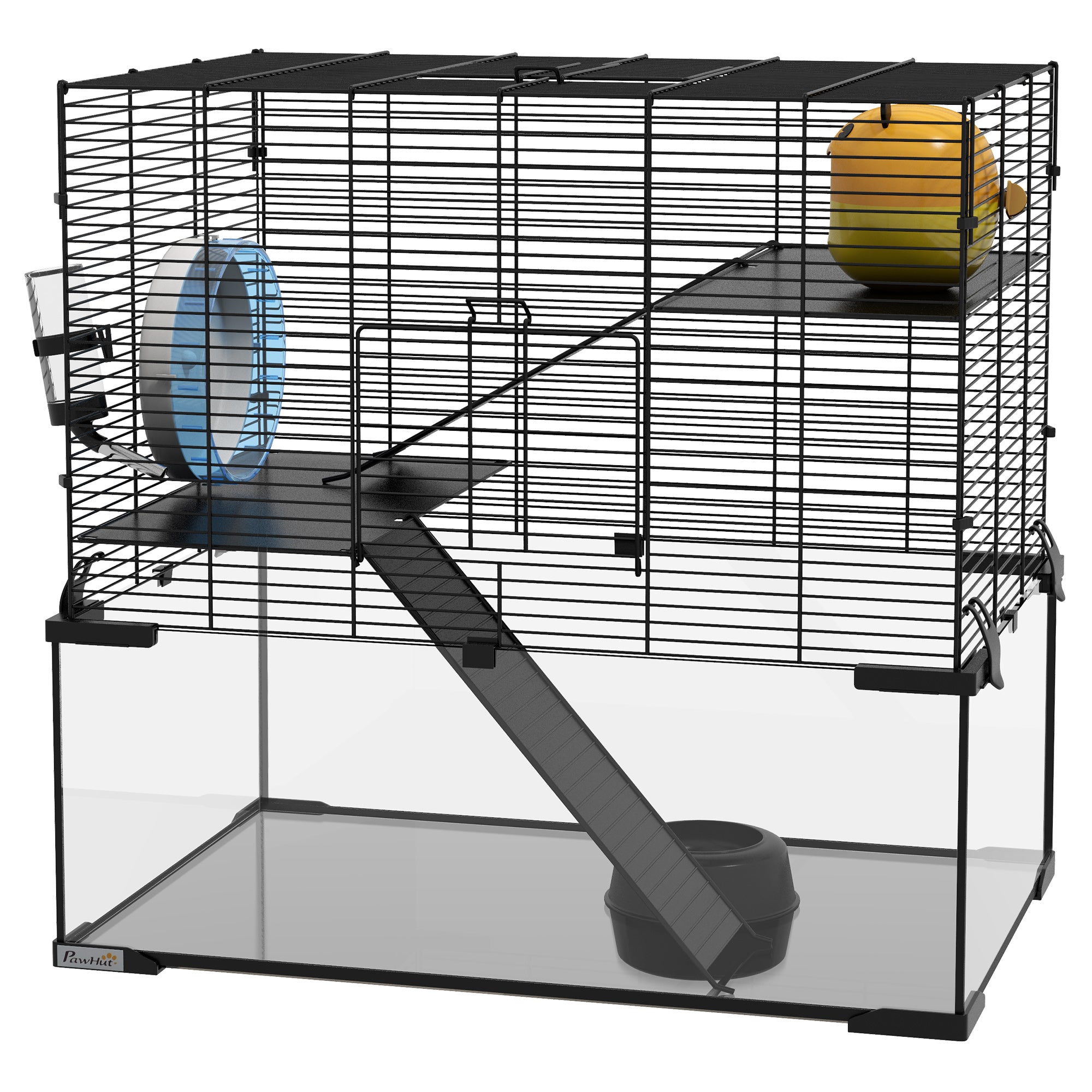 23.5" Hamster Cage, Gerbil Cage with Glass Basin for Small Hamsters, Black