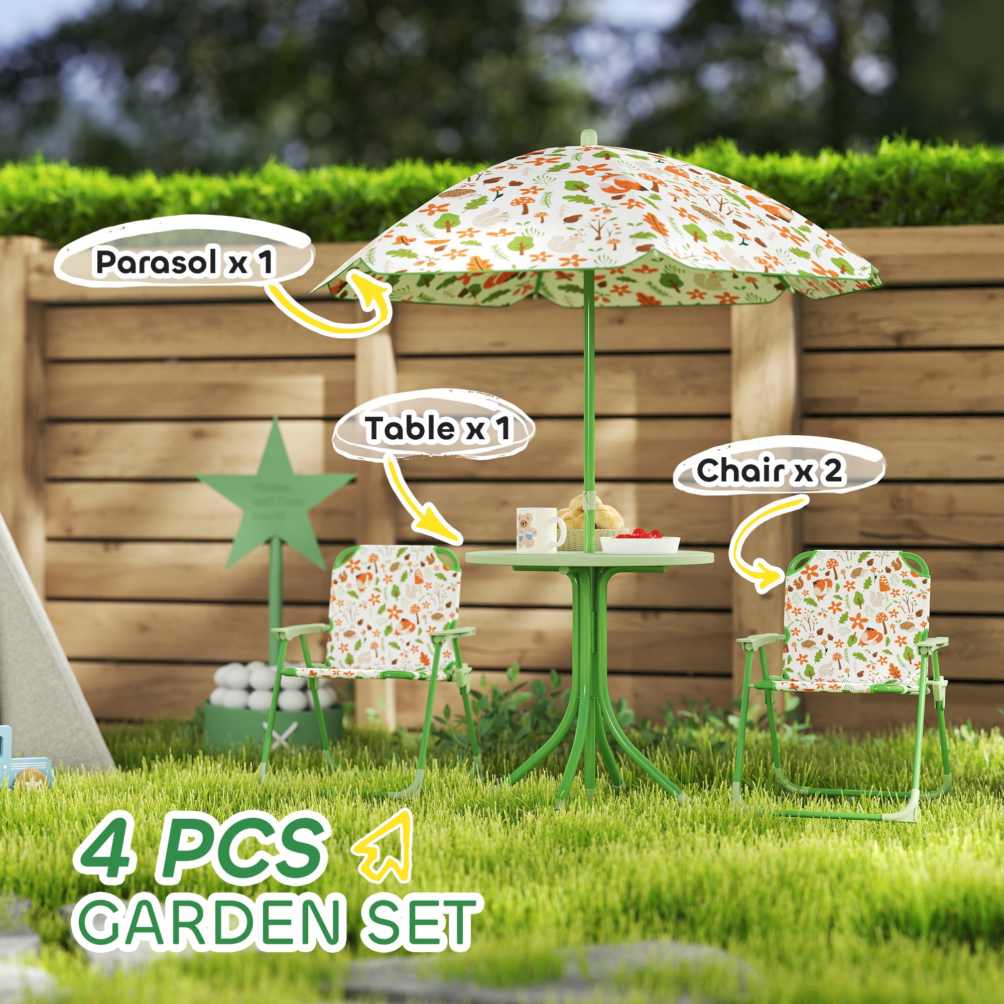 Kids Picnic Table and Chair Set, Outdoor Activity Table with Foldable Chairs, Removable Umbrella for Backyard, Green