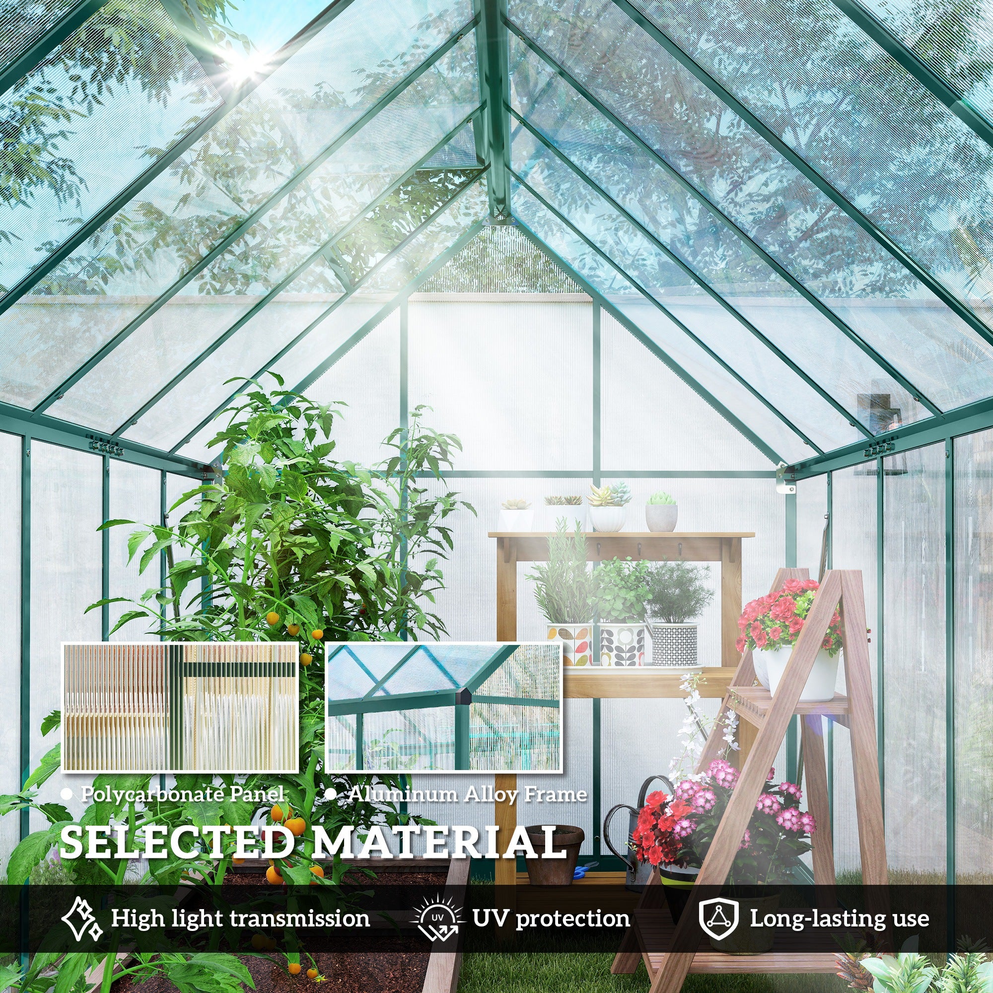 Polycarbonate Greenhouse with Swing Door and Two Adjustable Roof Vents, Aluminum Walk-in Greenhouse, 11x6 ft, Dark Green