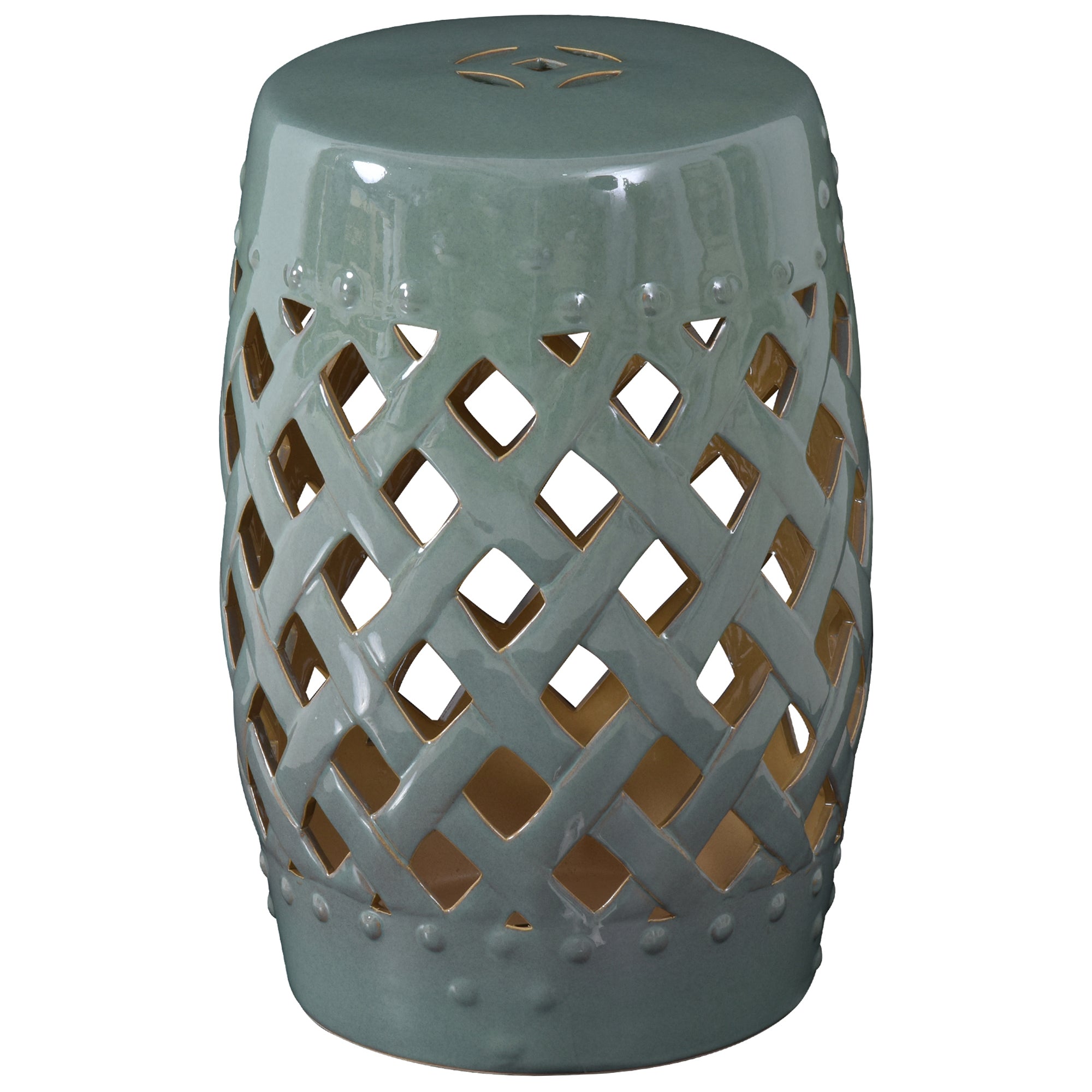 12.5" x 18" Ceramic Garden Stool with Woven Lattice Design & Glazed Strong Materials Decorative Outdoor Stool, Green