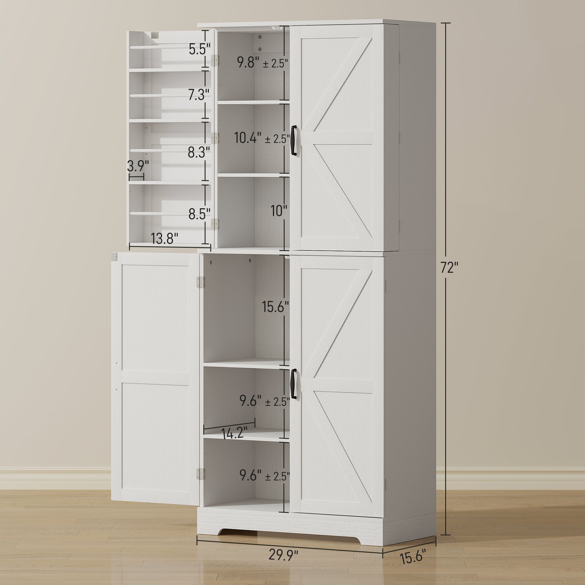 Farmhouse Kitchen Pantry, 72" Tall Pantry Cabinet with 4 Barn Doors, 4 Adjustable Shelves and 8 Door Shelves, White