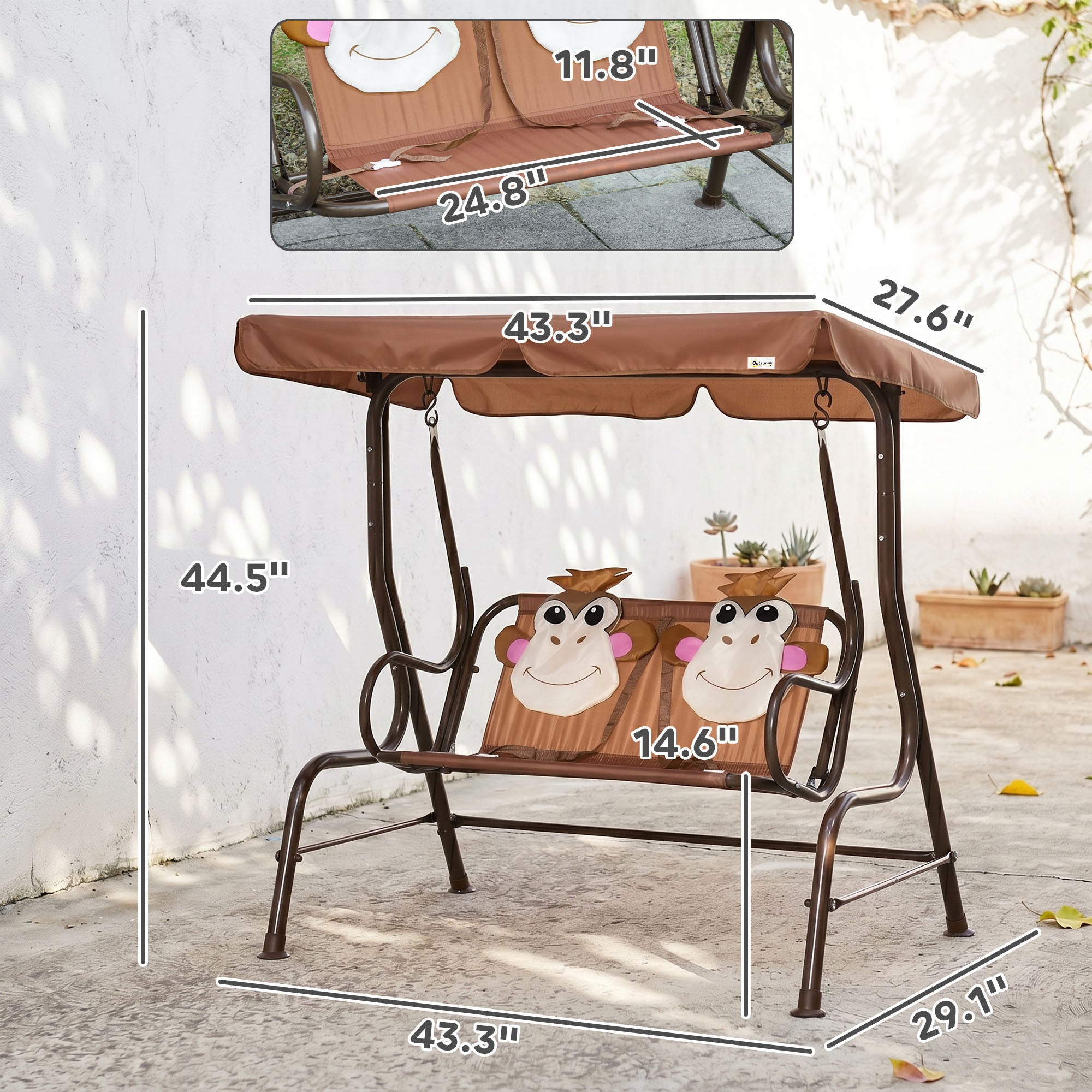 Kids Patio Swing, 2-Seater Outdoor Swing Chair with Adjustable Canopy and Safety Belt, Monkey Pattern Hanging Swing Bench for Garden or Backyard, Coffee