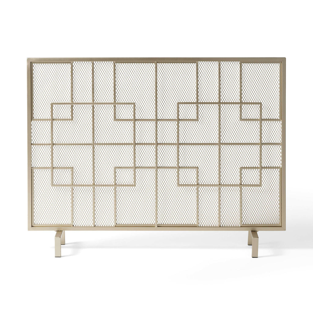 Modern Iron Fire Screen with Single Panel Design and Fine Mesh, Geometric Pattern, and Easy Assembly, 41" L x 8" W x 30.75" H, Gold