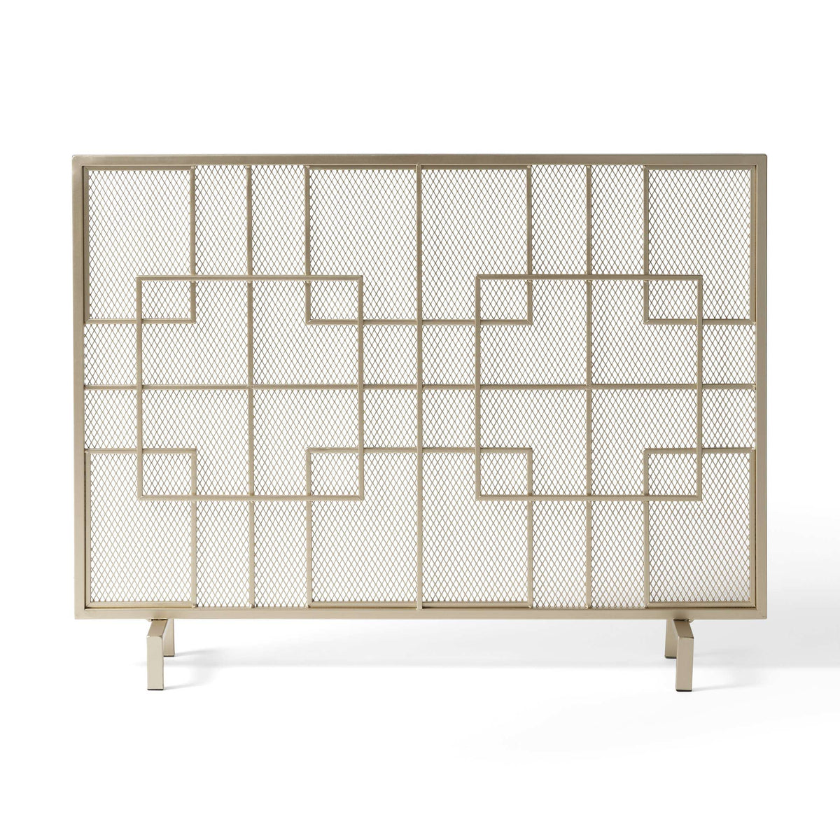 Modern Iron Fire Screen with Single Panel Design and Fine Mesh, Geometric Pattern, and Easy Assembly, 41" L x 8" W x 30.75" H, Gold