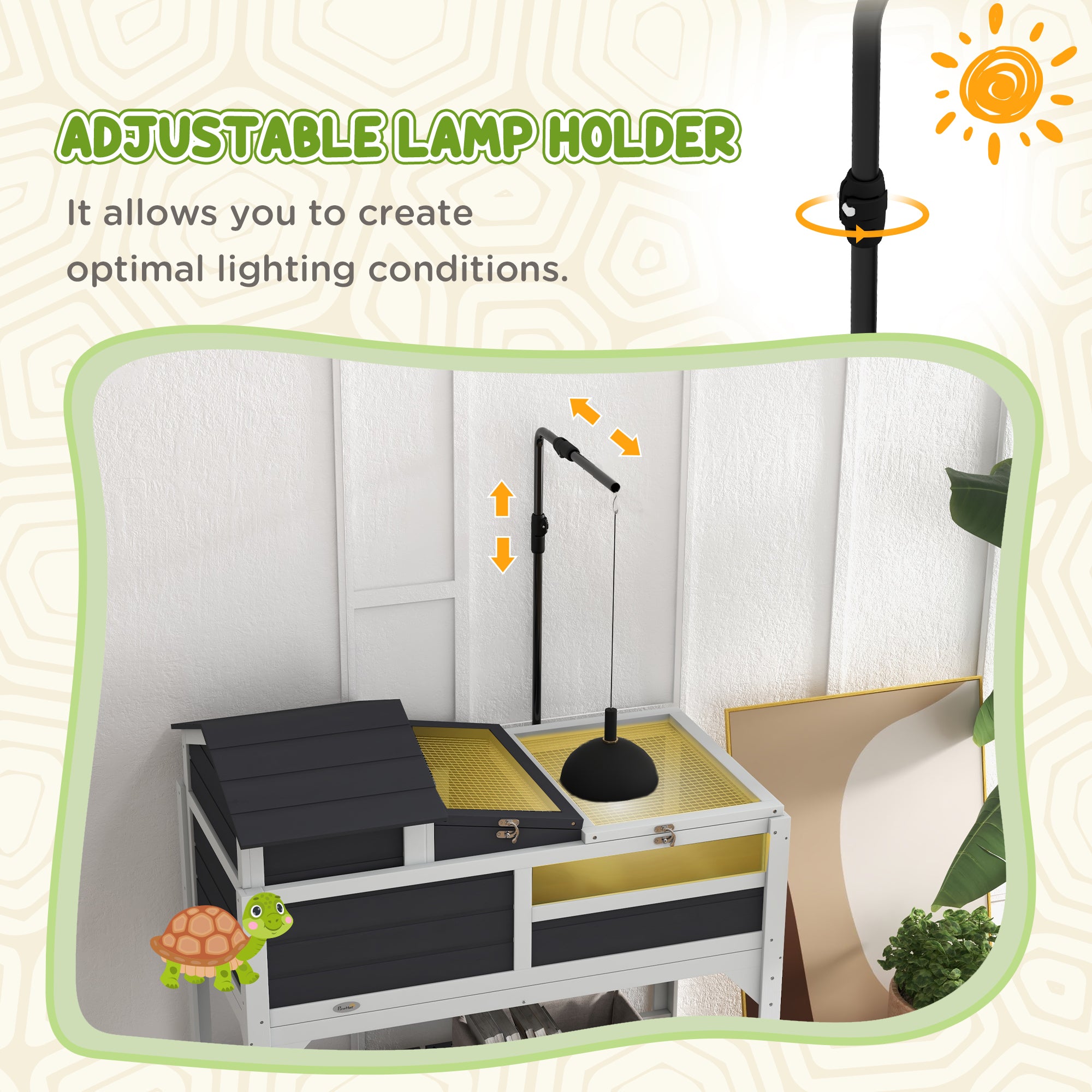 Tortoise Enclosure Tortoise House w/ Adjustable Lamp Holder, Storage Shelf, Removable Main House, Openable Lid, Gray