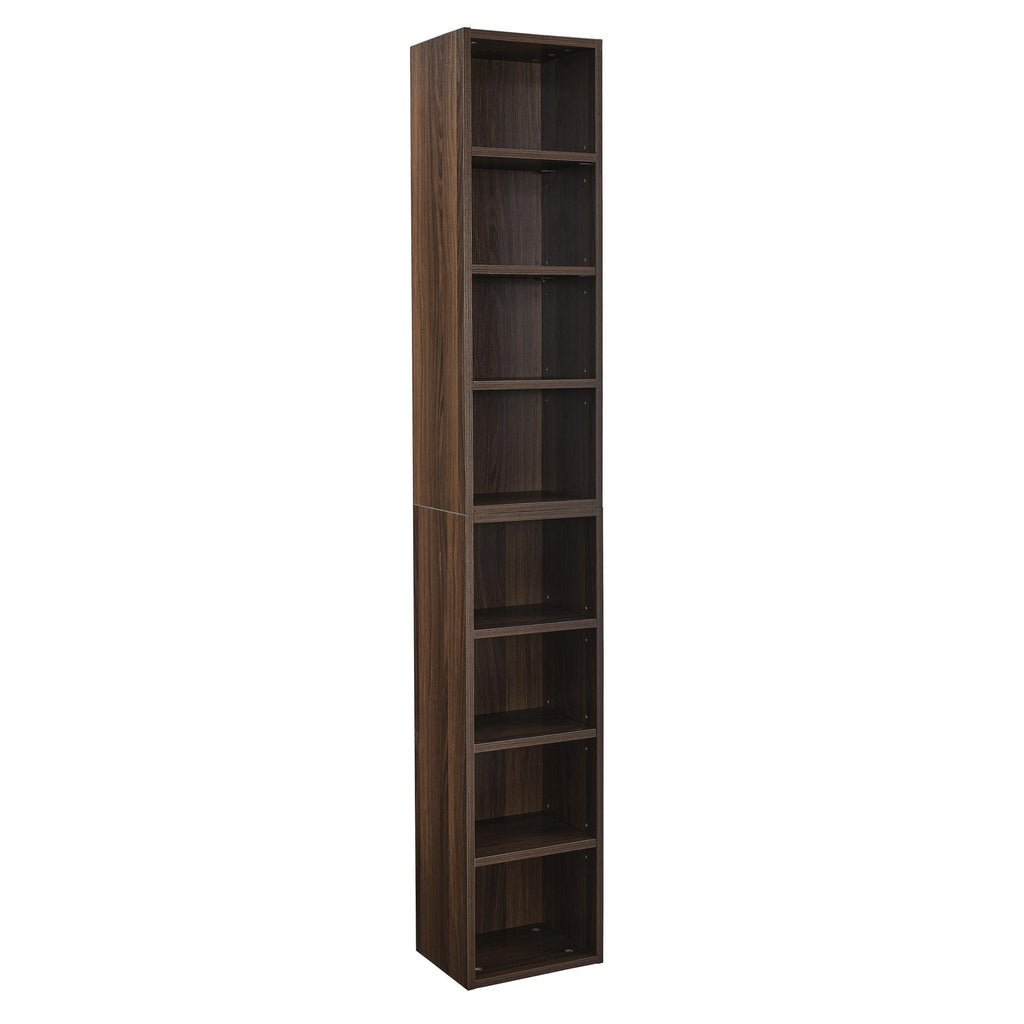 8-Tier Slim Media Tower Rack with Adjustable Shelves, Anti-Tip Hardware, Tall Narrow Bookcase for Compact Room, 11.5" L x 9.5" W x 71" H, Walnut