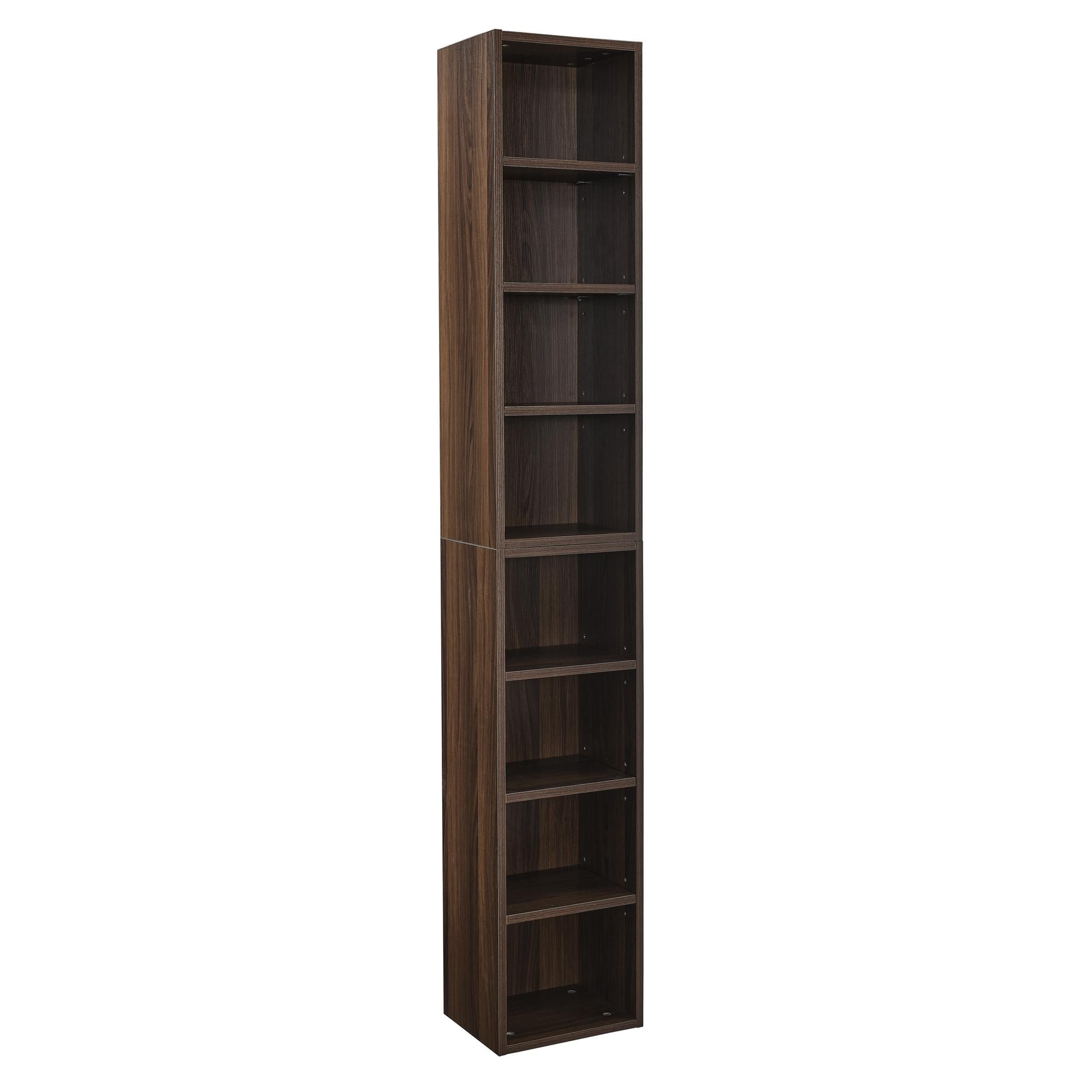 8-Tier Slim Media Tower Rack with Adjustable Shelves, Anti-Tip Hardware, Tall Narrow Bookcase for Compact Room, 11.5" L x 9.5" W x 71" H, Walnut