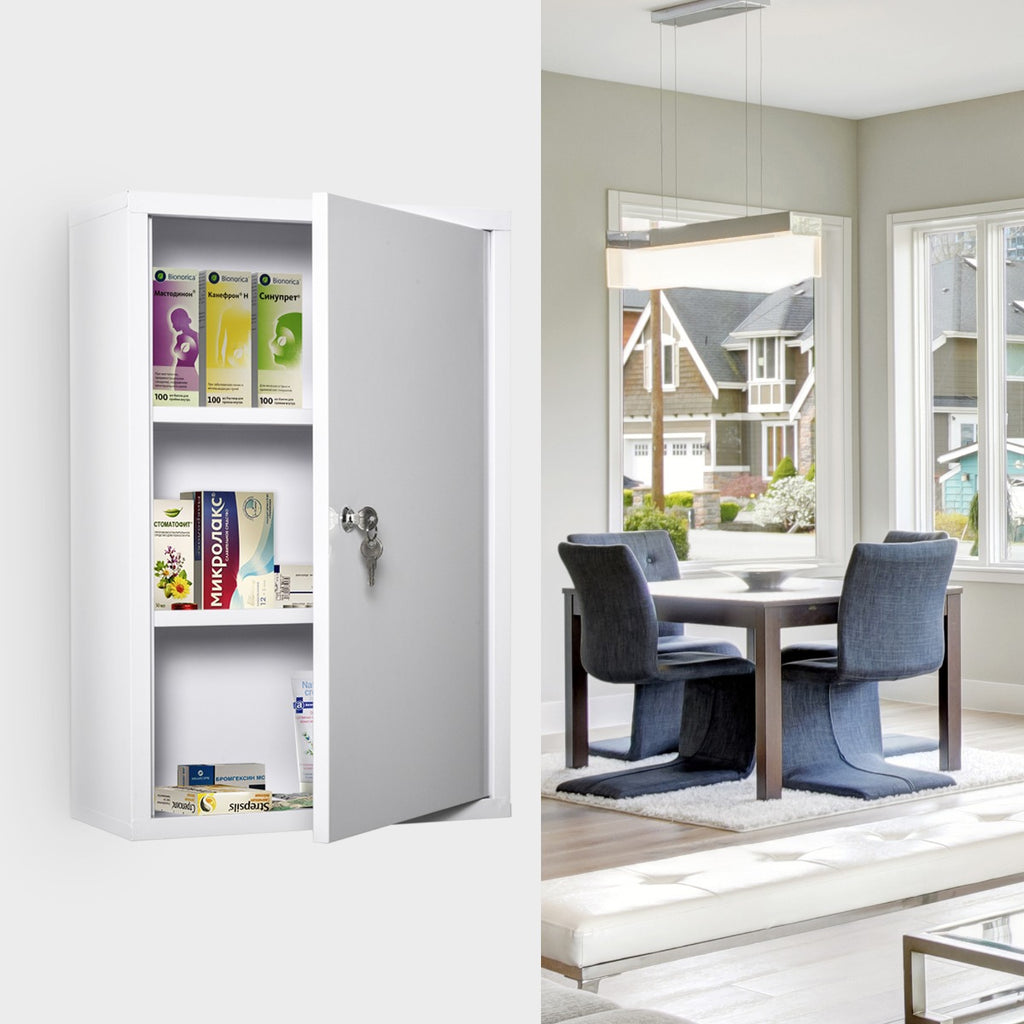 Steel Wall Mount Medicine Cabinet 3 Tier Emergency Box for Bathroom Kitchen, Lockable with 2 Keys - White