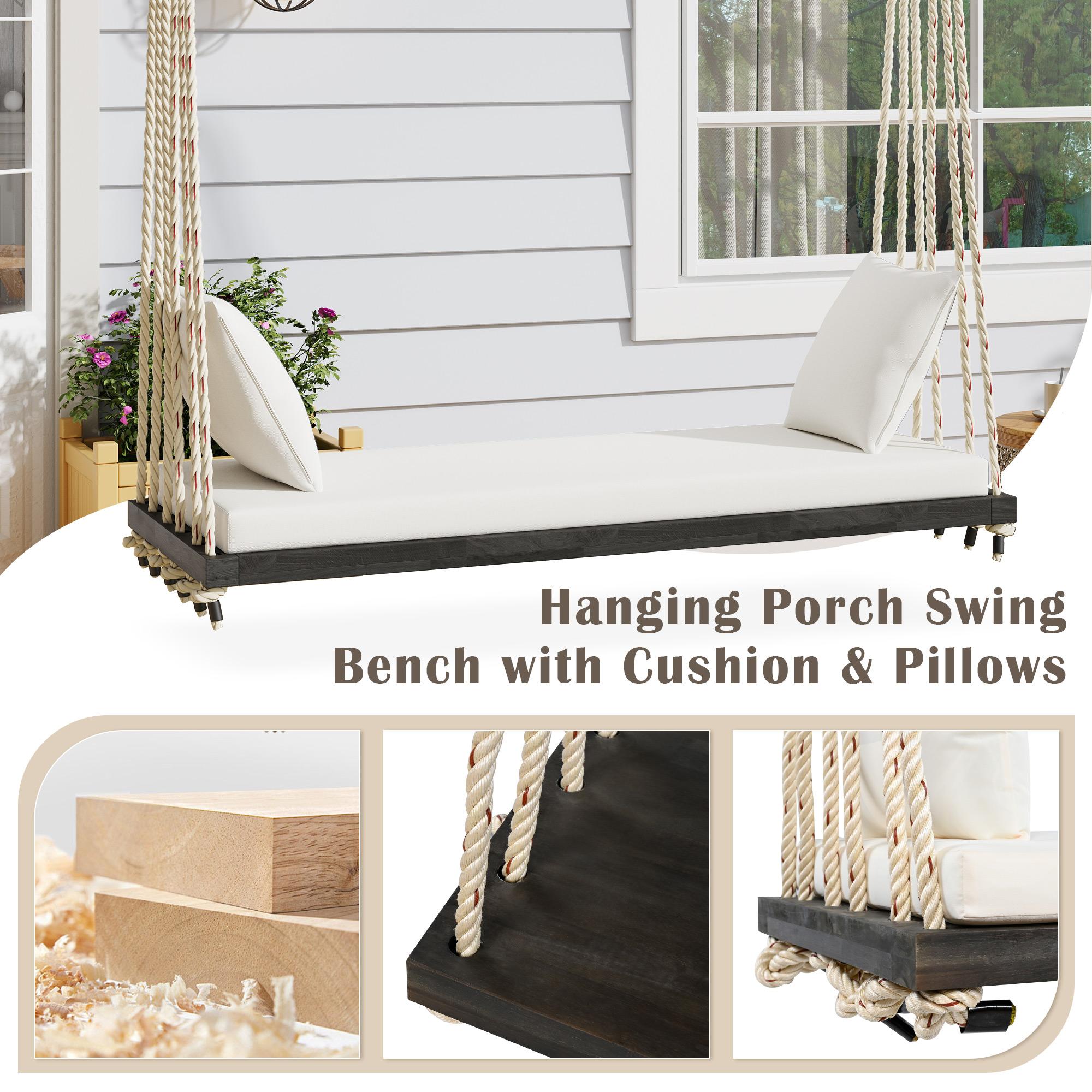 Acacia Wood Porch Swing with 10.8FT Hemp Rope for Adults, Durable Hanging Swing Bench with Cushion, 63" L x 23.5" W x 2" H, Brown