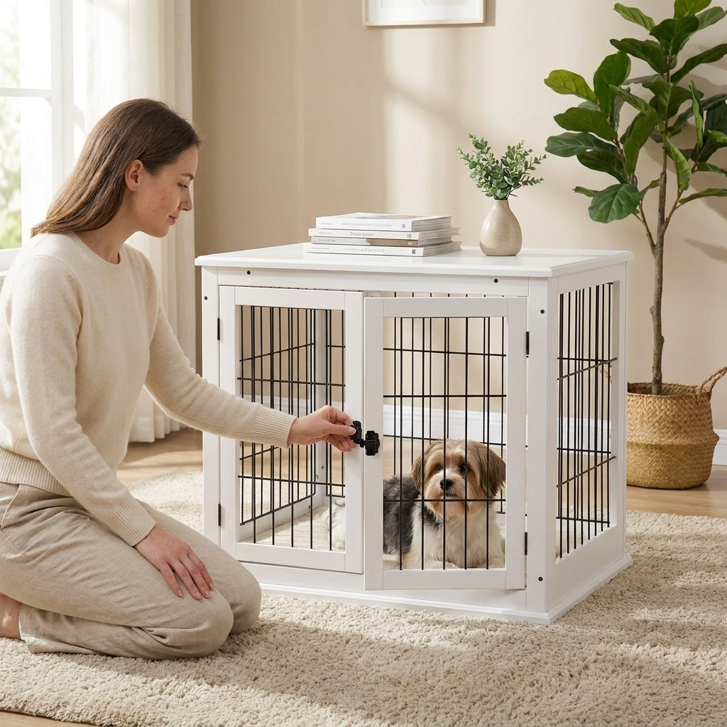 Dog Crate Furniture, 32" Small Dog Cage End Table with 2 Doors, Lockable Door, Puppy Kennel Indoor, White