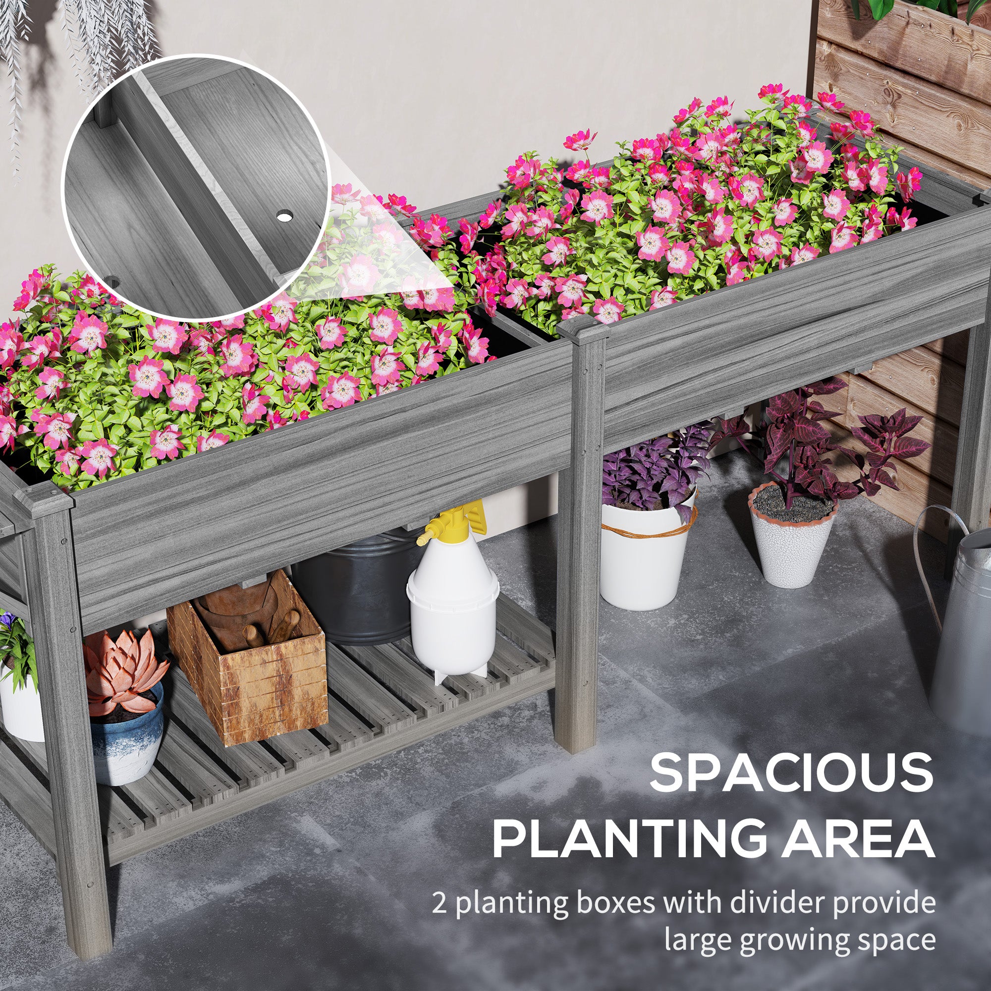 Wood Raised Garden Box, Elevated Garden Bed with Side Table, Bottom Shelf, Bed Liners and Drainage Holes, Gray