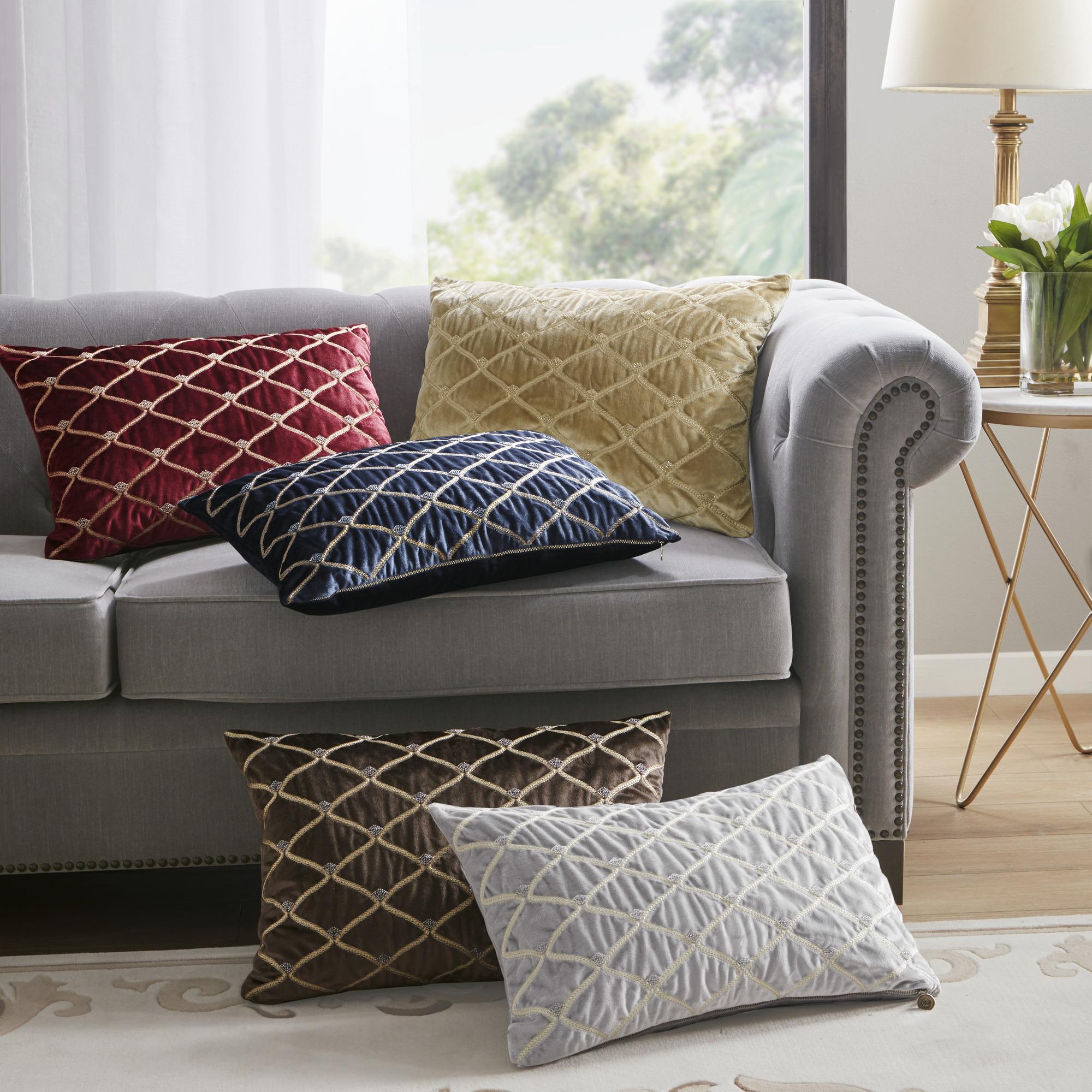 Luxurious Oblong Decor Pillow with Hand-Beaded Velvet Cover, Goose Feather Insert, Ideal for Living Room, Bedroom, 22" L x 15" W x 5" H, Silver