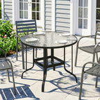 38" Round Patio Table with Umbrella Hole, Tempered Glass Outdoor Dining Table, Black