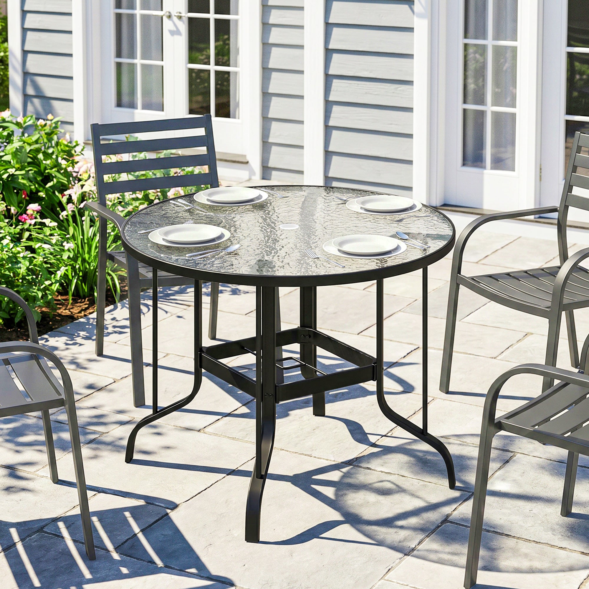 38" Round Patio Table with Umbrella Hole, Tempered Glass Outdoor Dining Table, Black