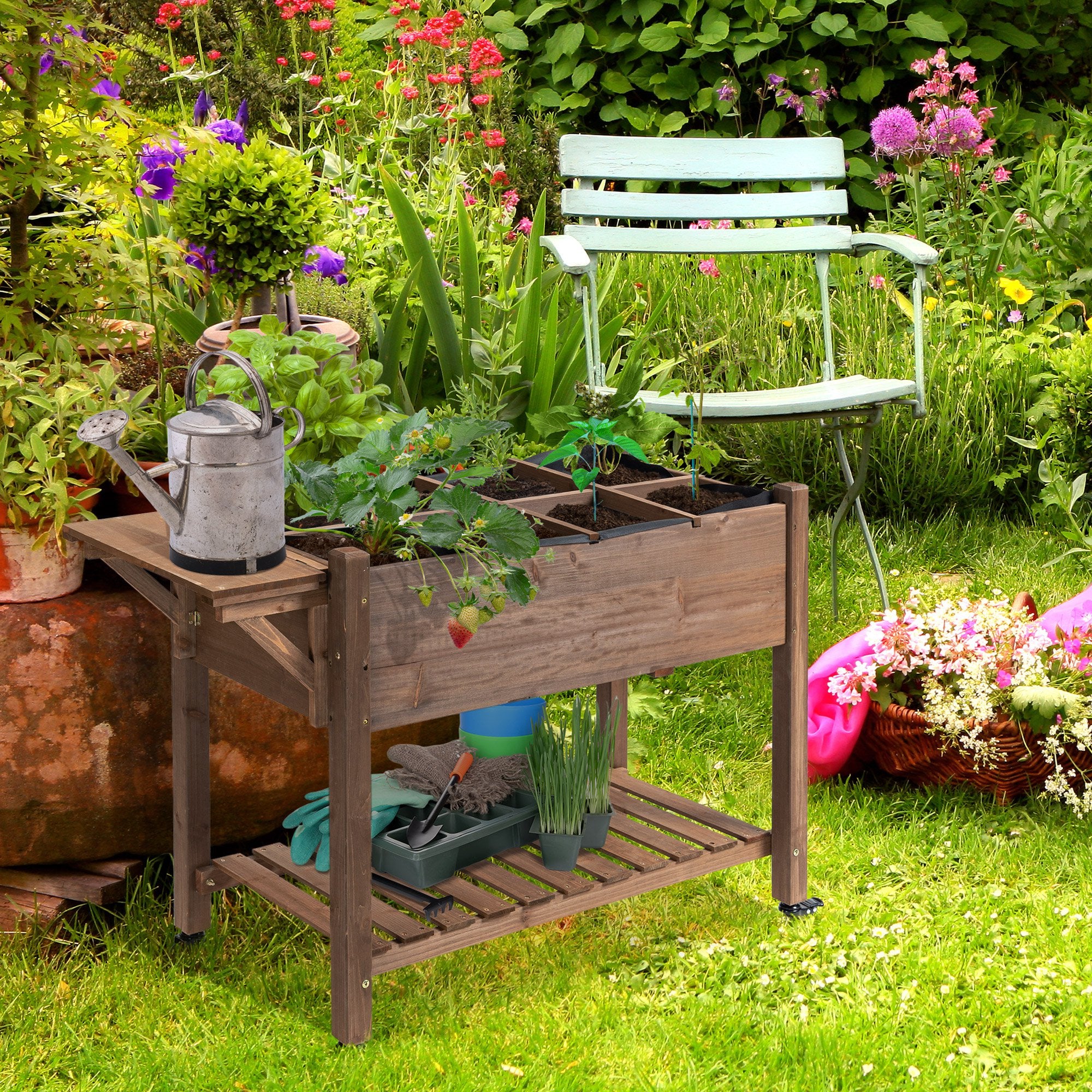 Wooden Garden Box, 34.25H with 8 Pockets and Lockable Wheels, Foldable Side Clapboard, Elevated and Self-Draining Design, to Grow Herbs, Vegetables, and Flowers, Brown
