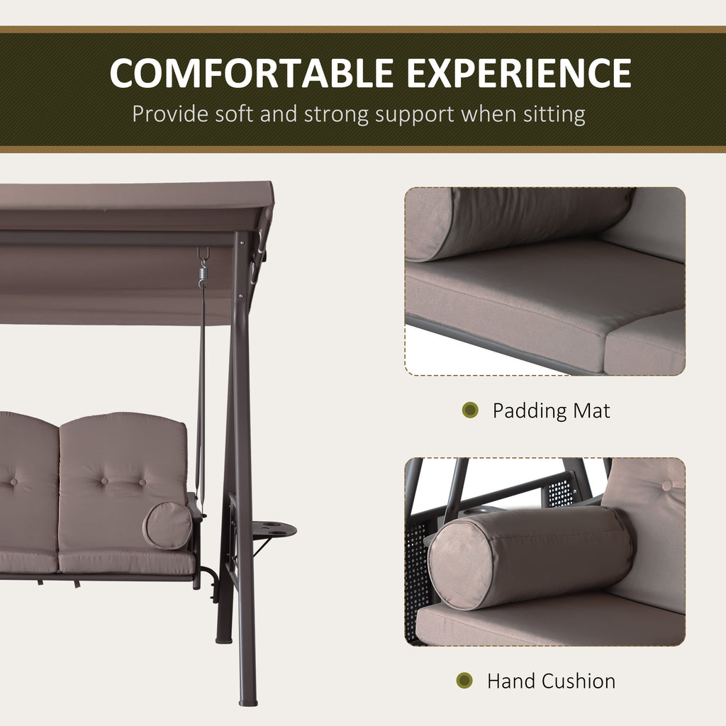 3-Seat Patio Swing Chair, Outdoor Porch Swing Glider with Adjustable Canopy, Removable Cushion, Pillows and Side Trays, for Garden, Poolside, Backyard, Brown