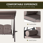 3-Seat Patio Swing Chair, Outdoor Porch Swing Glider with Adjustable Canopy, Removable Cushion, Pillows and Side Trays, for Garden, Poolside, Backyard, Brown