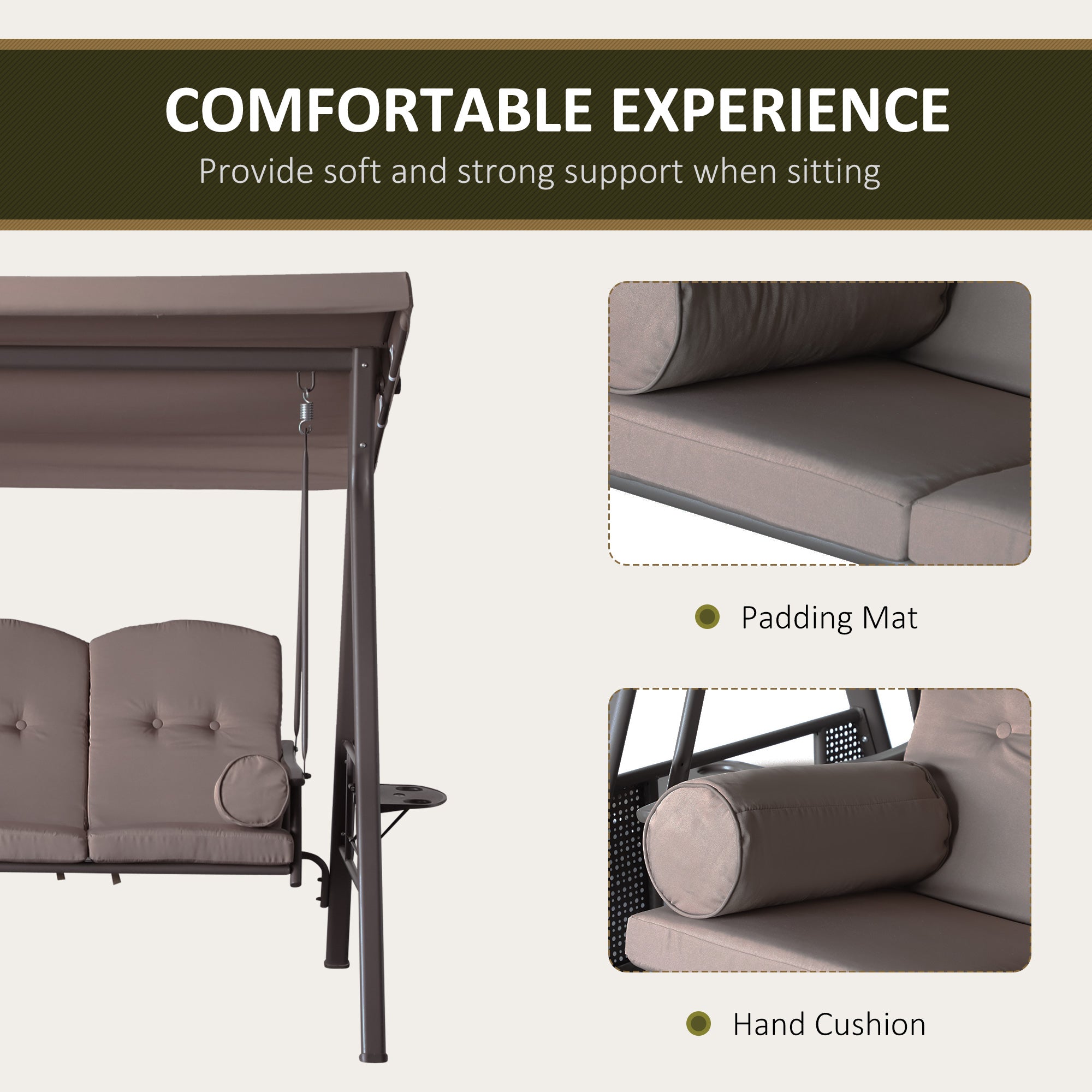 3-Seat Patio Swing Chair, Outdoor Porch Swing Glider with Adjustable Canopy, Removable Cushion, Pillows and Side Trays, for Garden, Poolside, Backyard, Brown