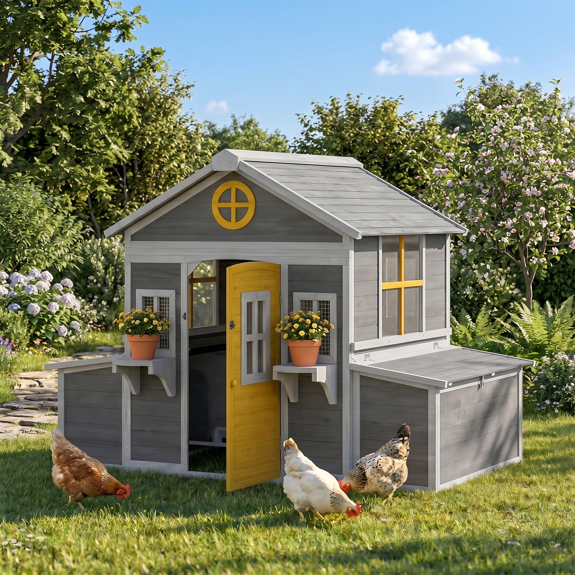 Wooden Chicken Coop, Hen House for 2-4 Hens, Outdoor Playhouse Poultry Cage with Nesting Boxes, Waterproof Roof, Windows