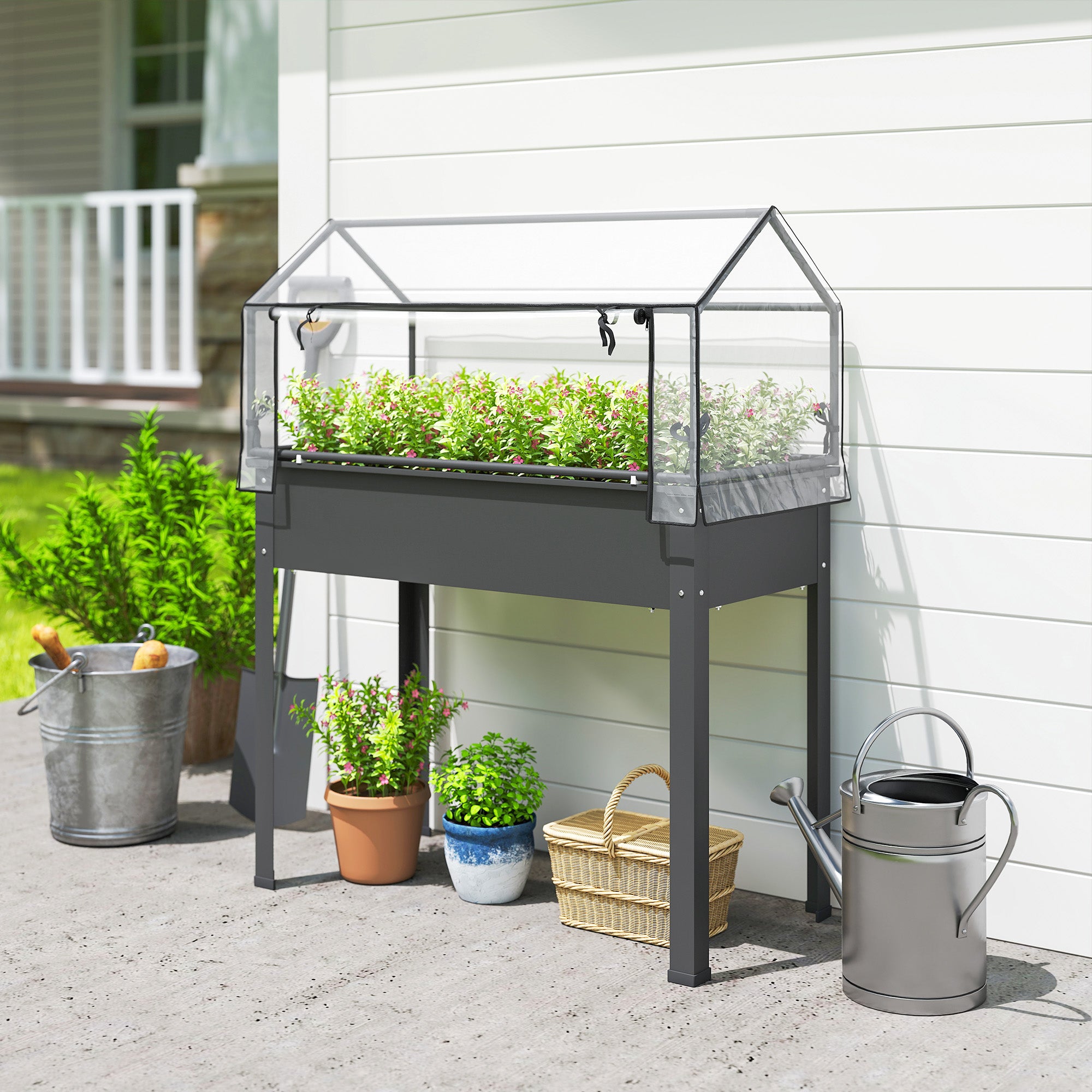 Elevated Garden Box with Greenhouse Cover, Raised Garden Bed with Legs and Drainage Hole for Vegetables, Dark Gray