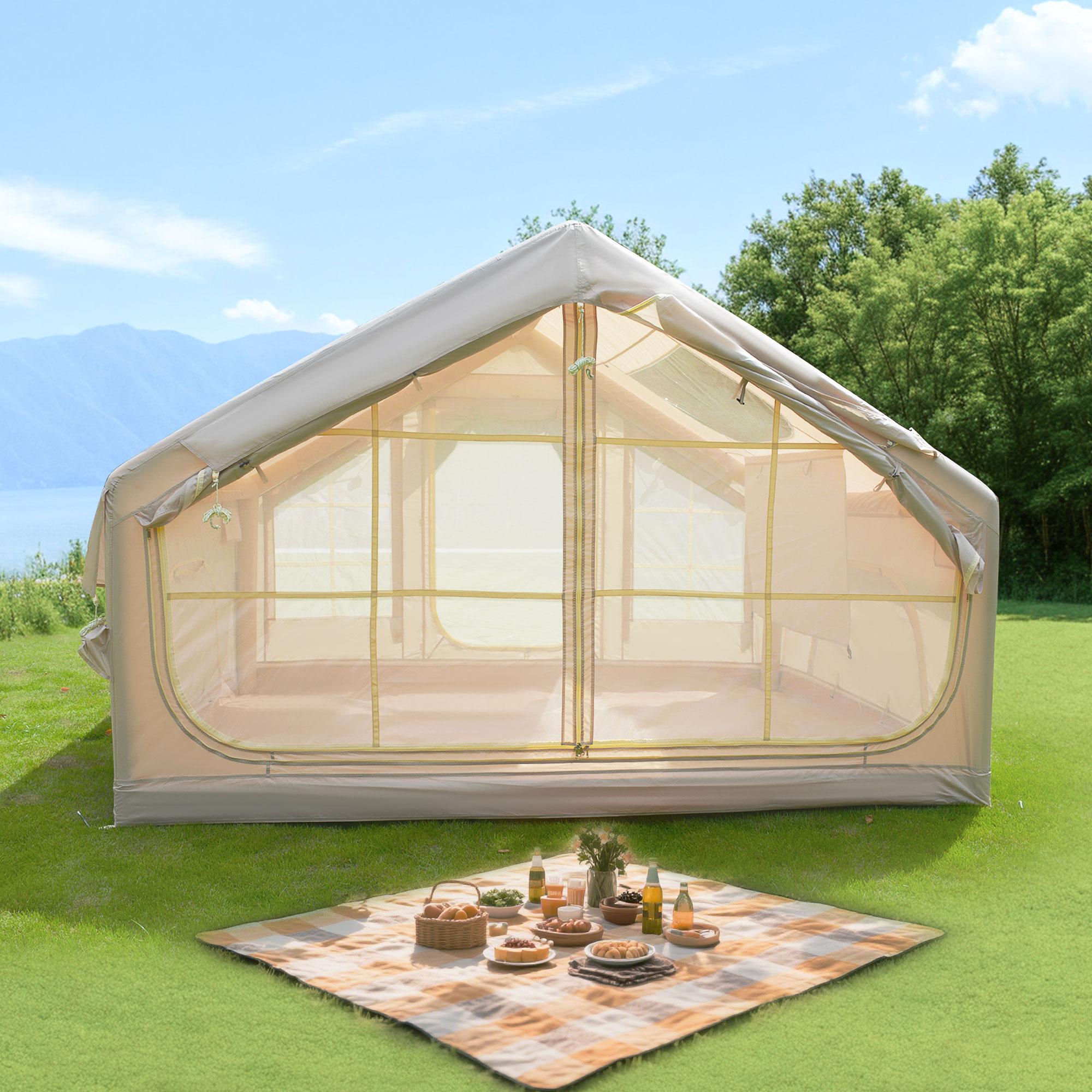Inflatable 4-Season Camping Tent with Extended Awning, Waterproof Family Tent with Clear Skylight, 118″ L x 82.5″ W x 78.5″ H, Beige