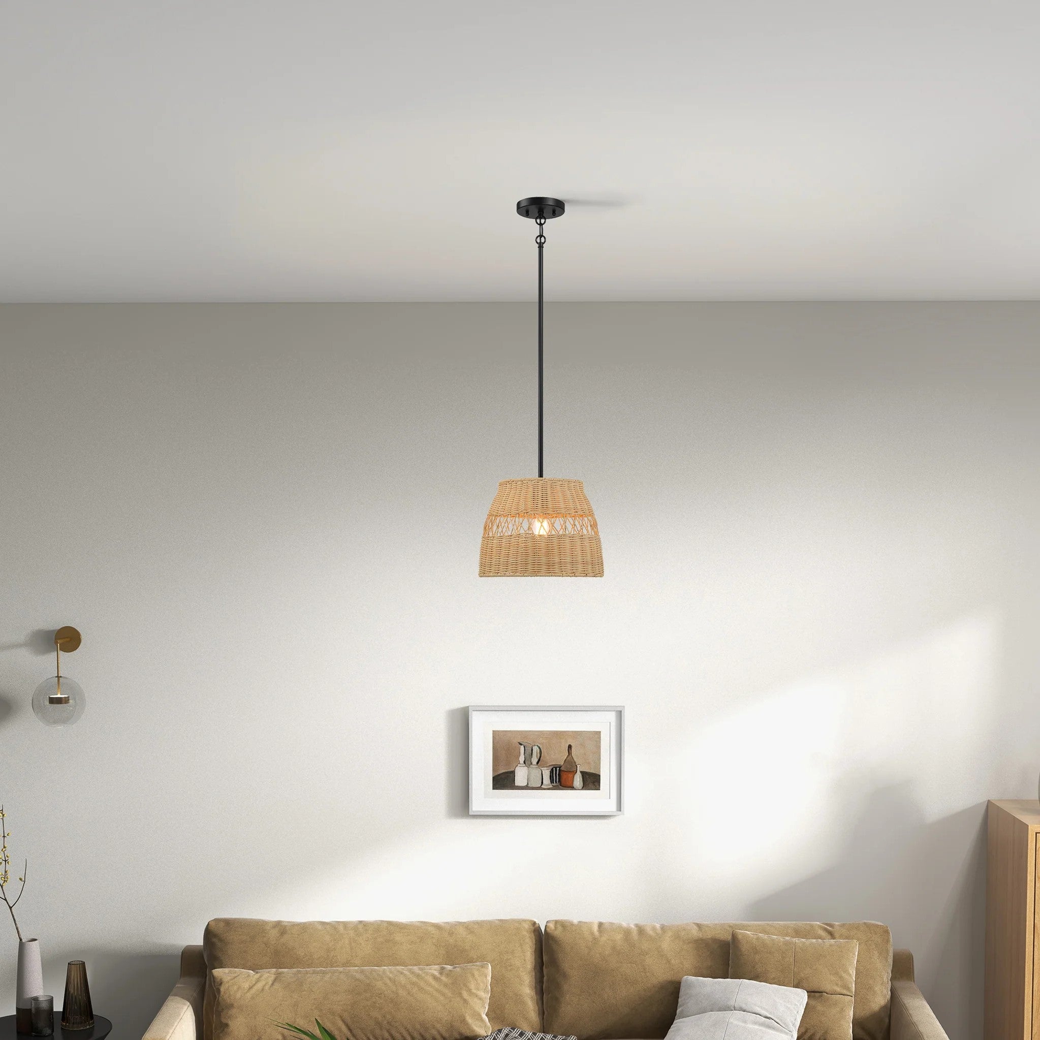 Farmhouse Style Single Light Pendant with Rattan Shade, Black Metal Finish, Ideal for Homer Decor, 12" L x 12" W x 10" H, Black