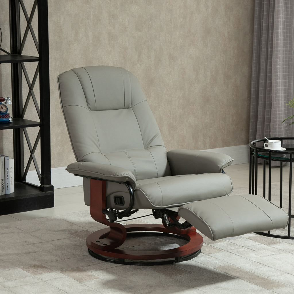 Faux Leather Manual Recliner, Adjustable Swivel Lounge Chair with Footrest, Armrest and Wrapped Wood Base for Living Room, Gray